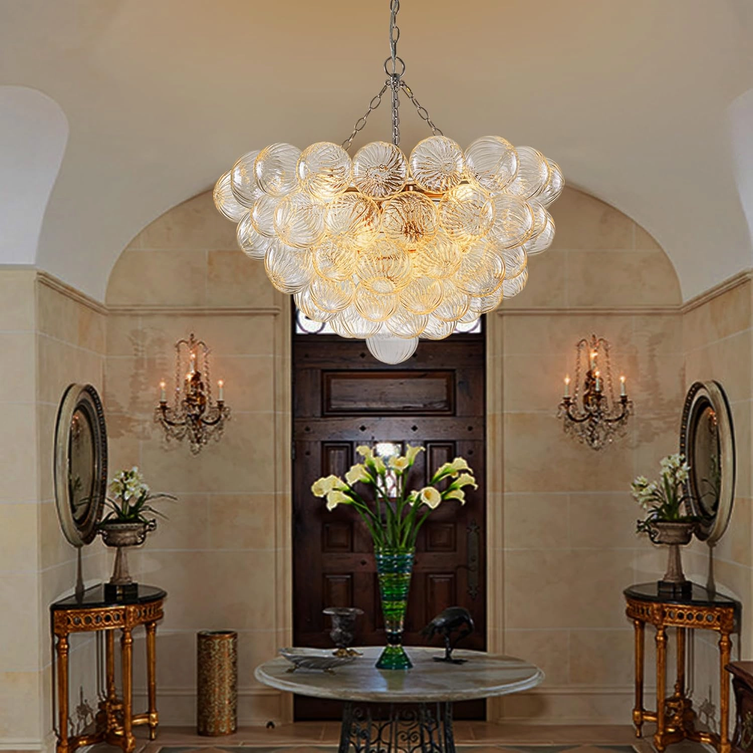 Bubble Ball Glass Chandelier Nickel-Plated Swirled Clear Blown Glass Chandeliers 32" Dia Cluster Ribbed Globe Ceiling Pendant Light Fixture for Dining Table Bedroom Bathroom Entryway