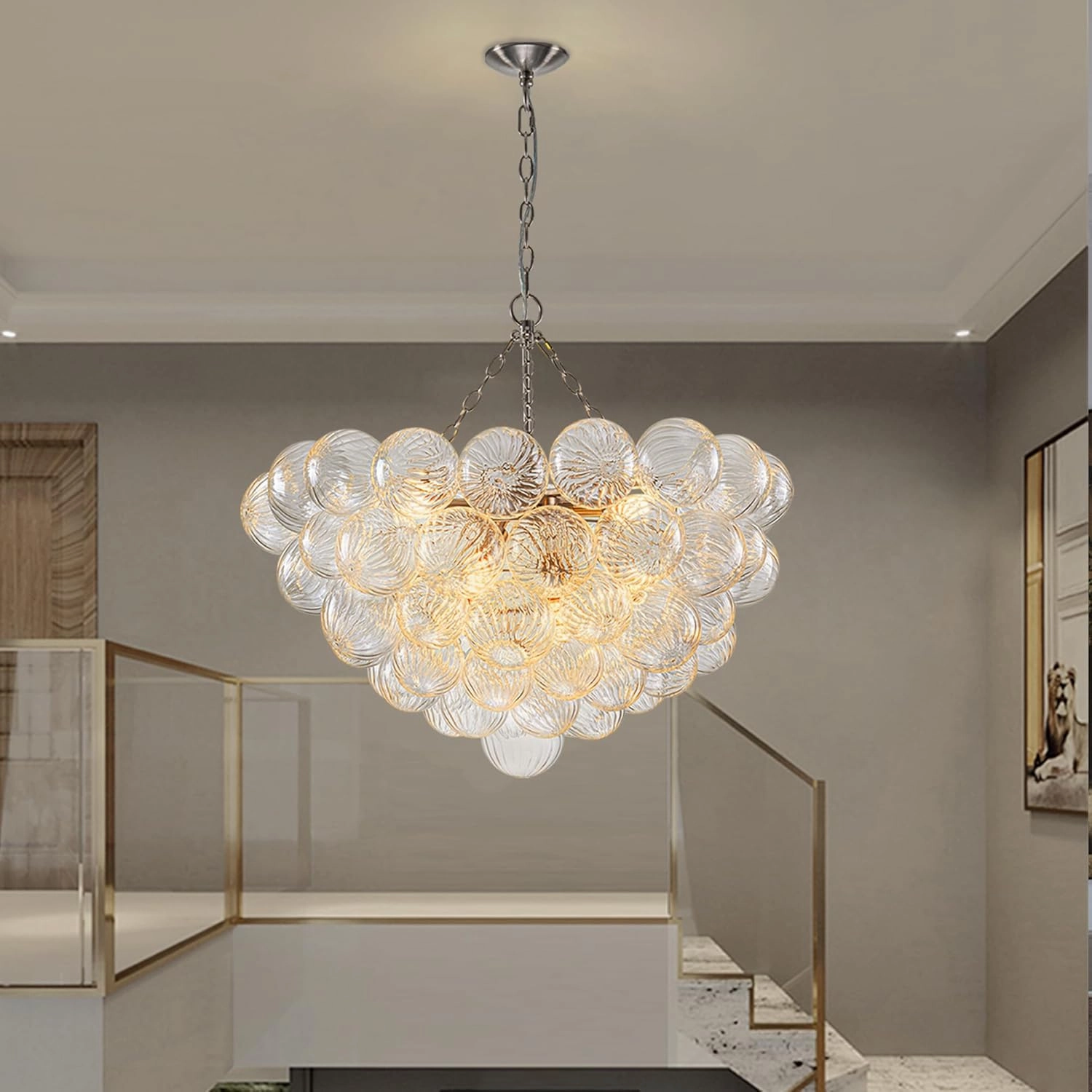 Bubble Ball Glass Chandelier Nickel-Plated Swirled Clear Blown Glass Chandeliers 32" Dia Cluster Ribbed Globe Ceiling Pendant Light Fixture for Dining Table Bedroom Bathroom Entryway