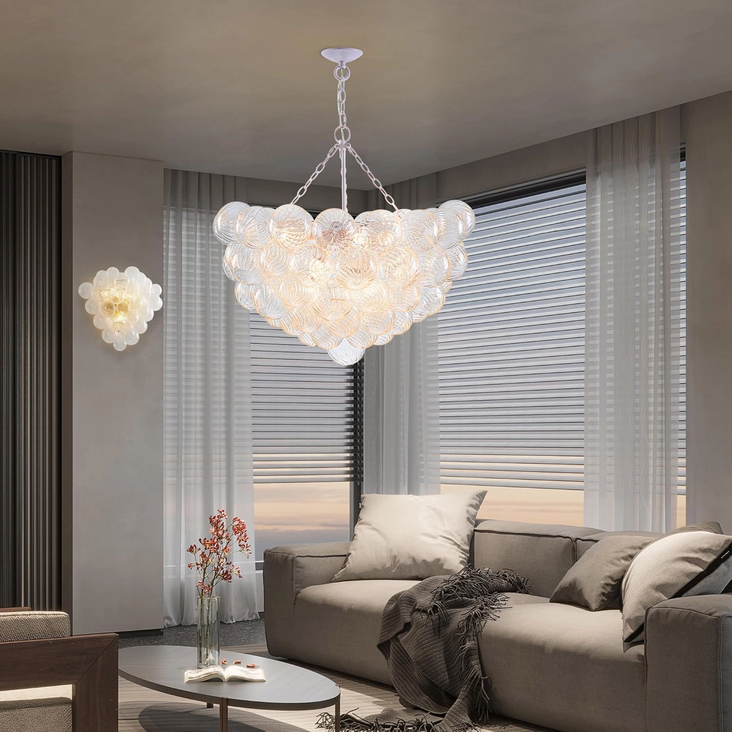 Bubble Ball Glass Chandelier White Swirled Clear Blown Glass Chandeliers 32" Dia Cluster Ribbed Globe Pendant Light Fixture for Dining Table Bedroom Bathroom Entryway