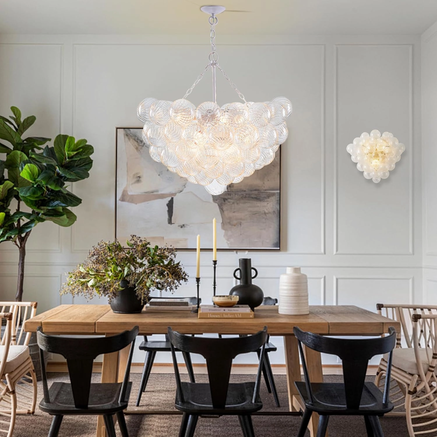 Bubble Ball Glass Chandelier White Swirled Clear Blown Glass Chandeliers 32" Dia Cluster Ribbed Globe Pendant Light Fixture for Dining Table Bedroom Bathroom Entryway