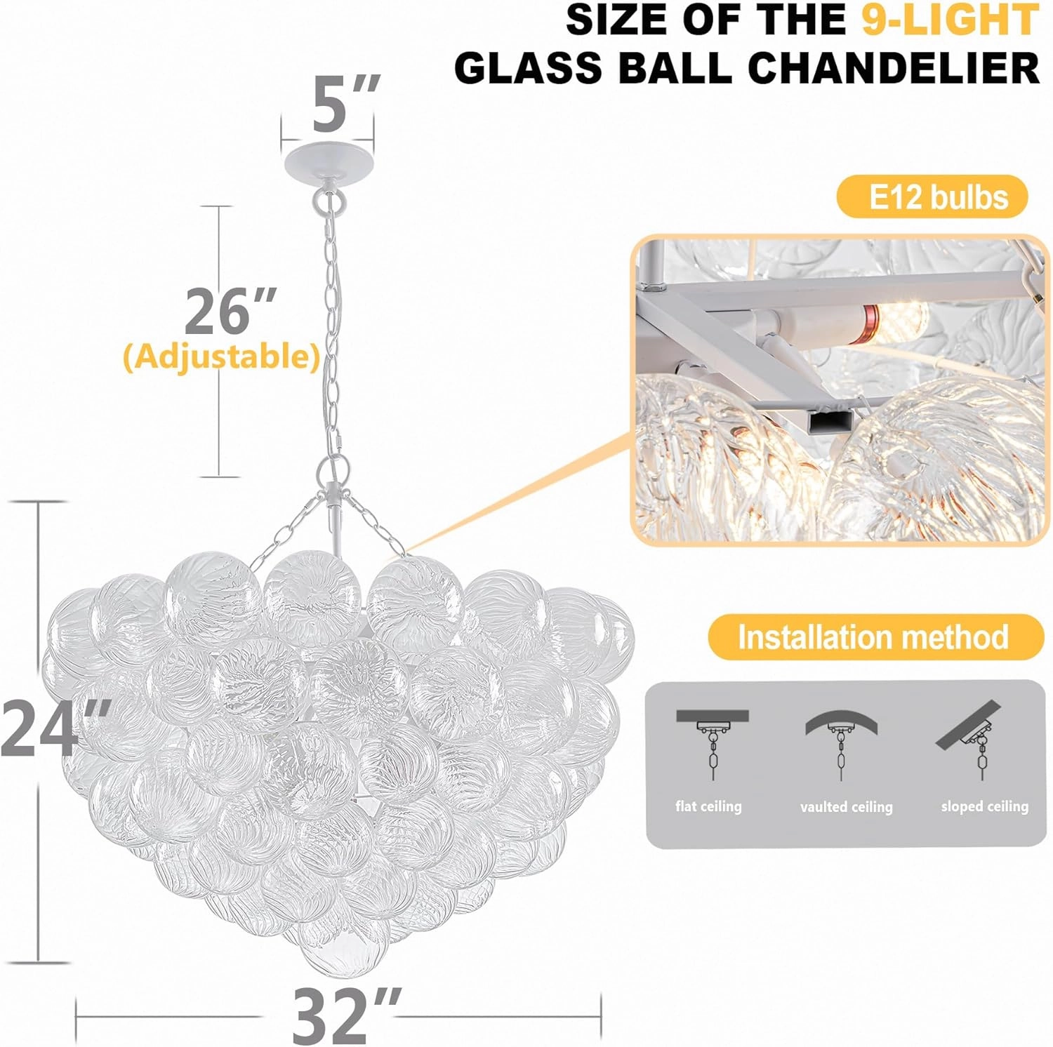 Bubble Ball Glass Chandelier White Swirled Clear Blown Glass Chandeliers 32" Dia Cluster Ribbed Globe Pendant Light Fixture for Dining Table Bedroom Bathroom Entryway