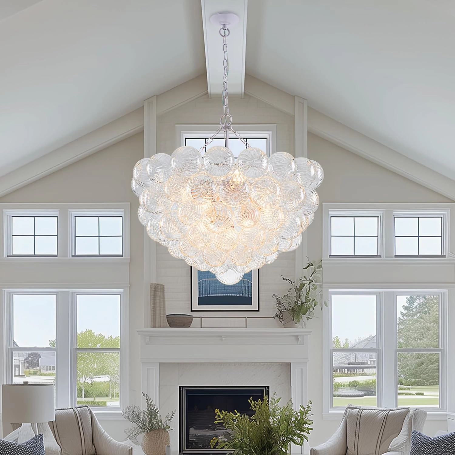 Bubble Ball Glass Chandelier White Swirled Clear Blown Glass Chandeliers 32" Dia Cluster Ribbed Globe Pendant Light Fixture for Dining Table Bedroom Bathroom Entryway