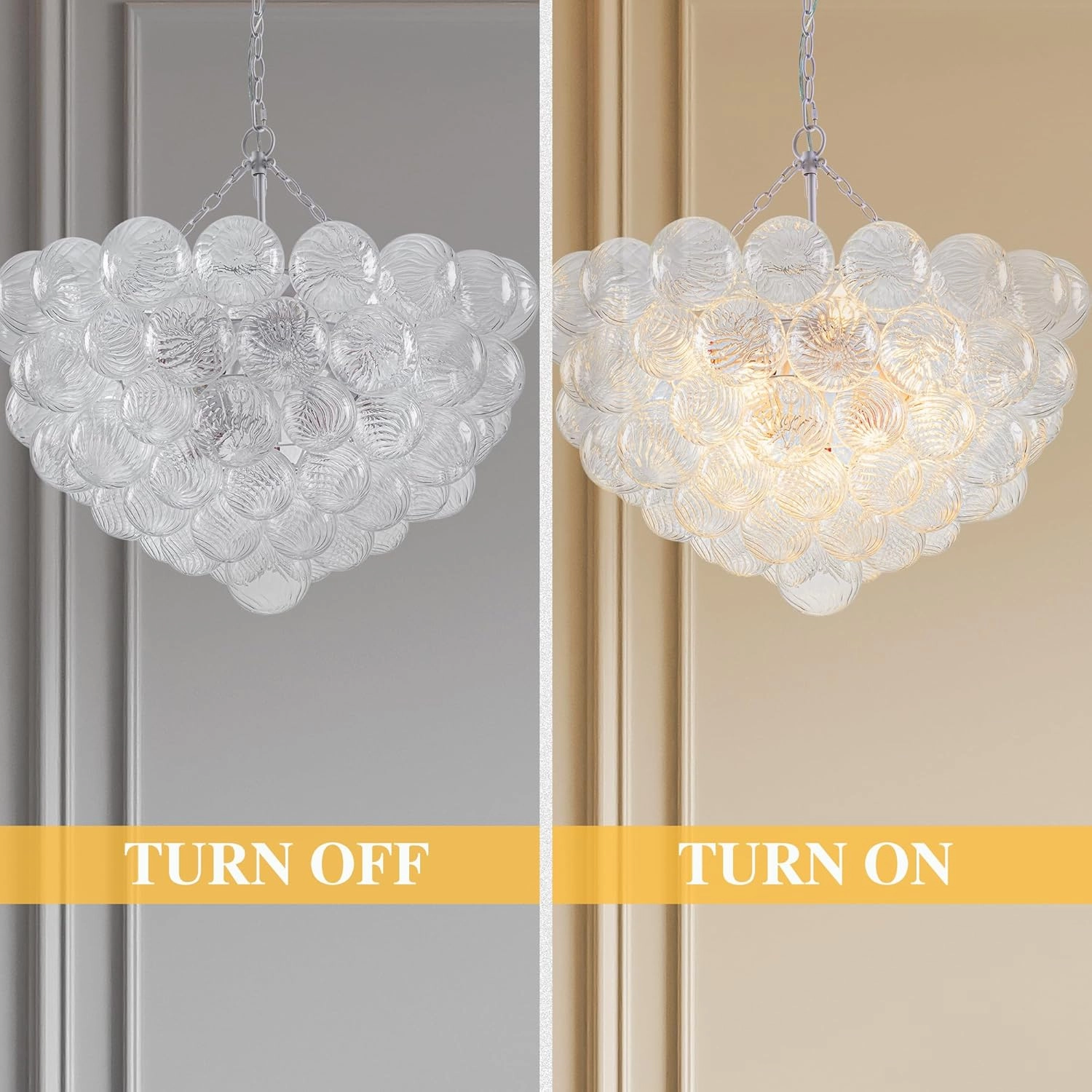 Bubble Ball Glass Chandelier White Swirled Clear Blown Glass Chandeliers 32" Dia Cluster Ribbed Globe Pendant Light Fixture for Dining Table Bedroom Bathroom Entryway