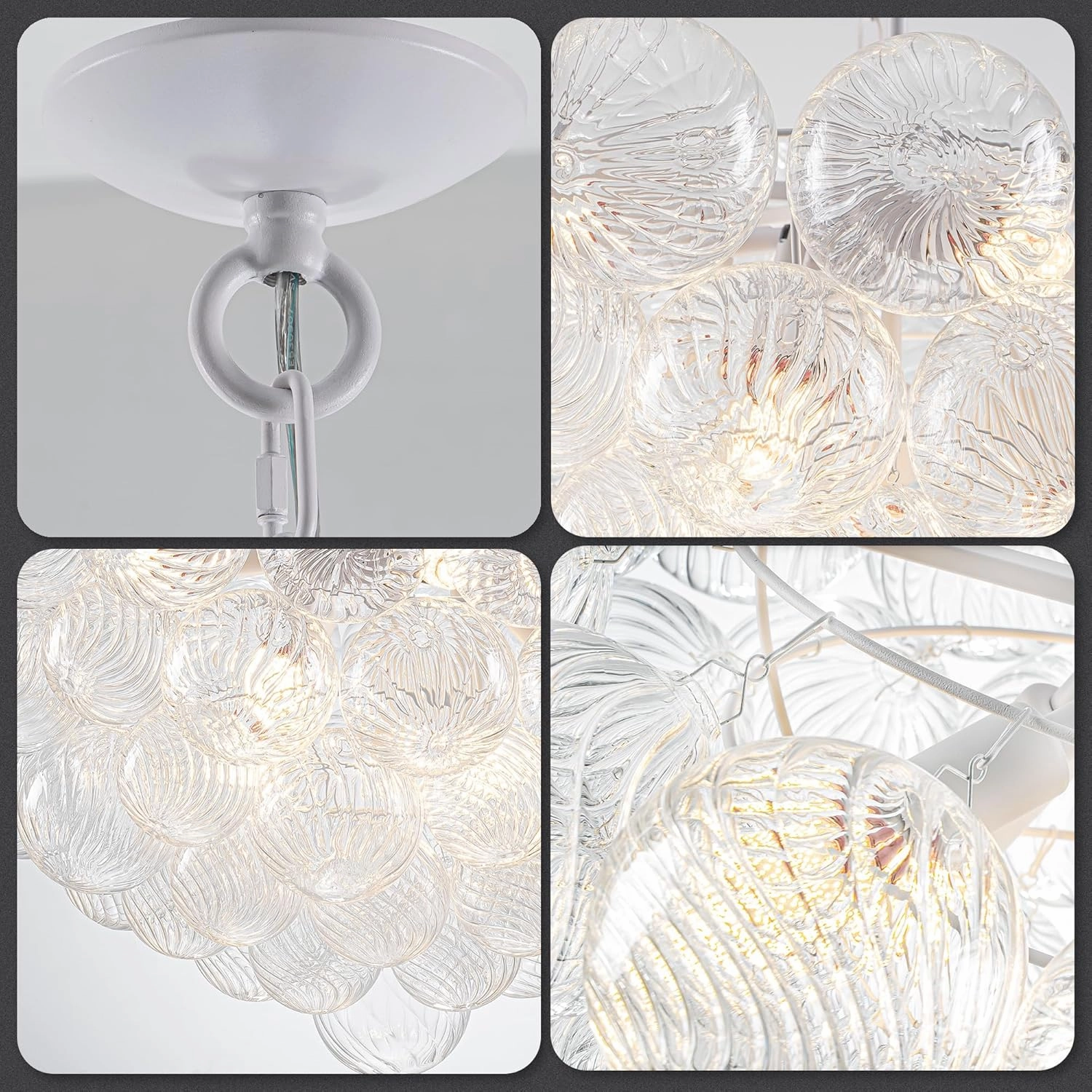 Bubble Ball Glass Chandelier White Swirled Clear Blown Glass Chandeliers 32" Dia Cluster Ribbed Globe Pendant Light Fixture for Dining Table Bedroom Bathroom Entryway