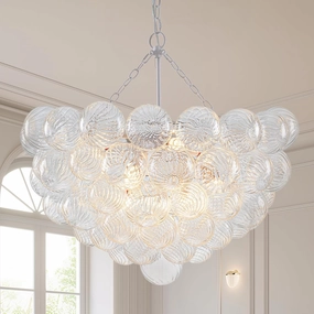 Bubble Ball Glass Chandelier White Swirled Clear Blown Glass Chandeliers 32" Dia Cluster Ribbed Globe Pendant Light Fixture for Dining Table Bedroom Bathroom Entryway