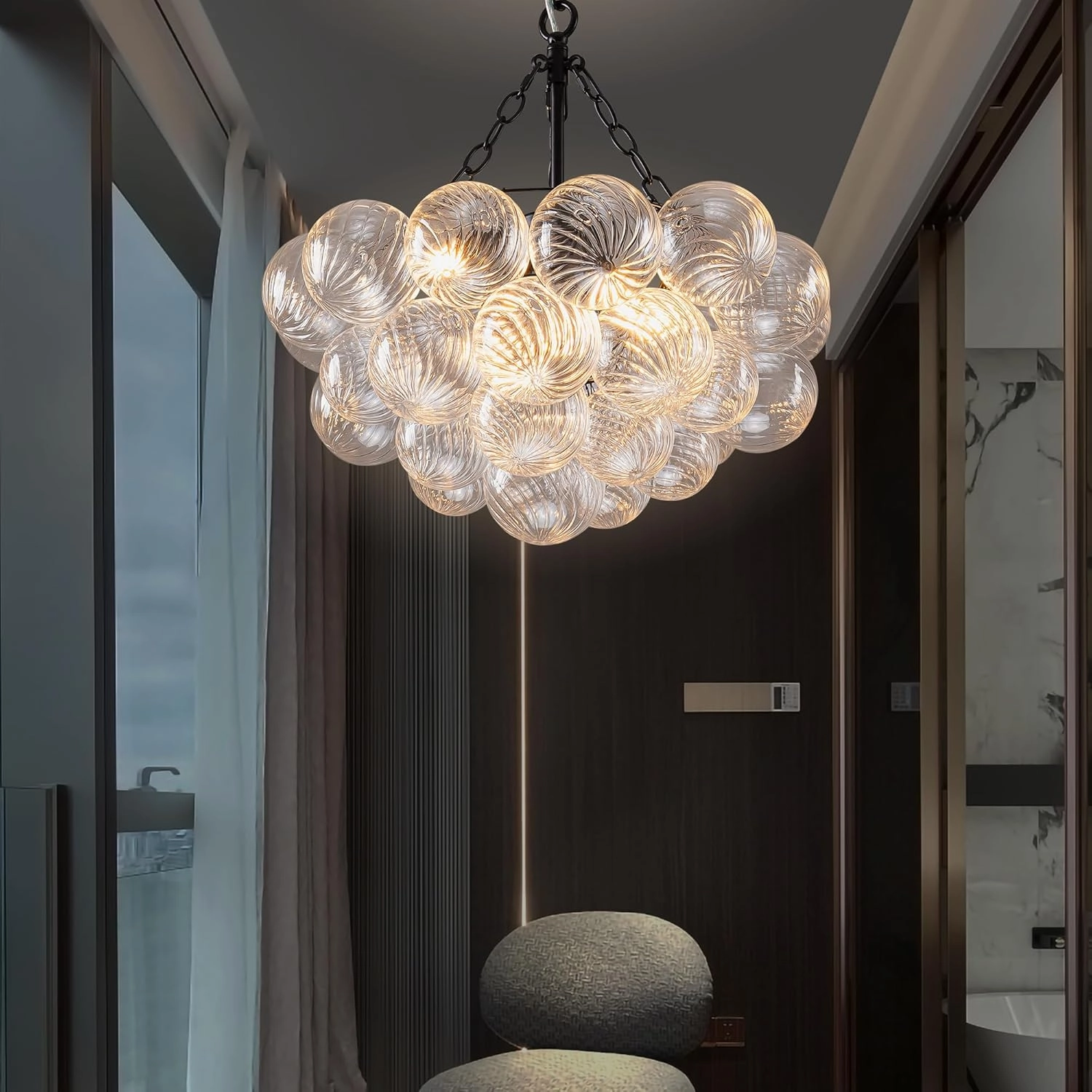Bubble Glass Ball Chandelier Black Finish Light Fixtures 20" Dia Swirled Clear Globe Blown Glass Chandeliers Small Pendant Lights for Dining Room Kitchen Bathroom Entryway Bedroom
