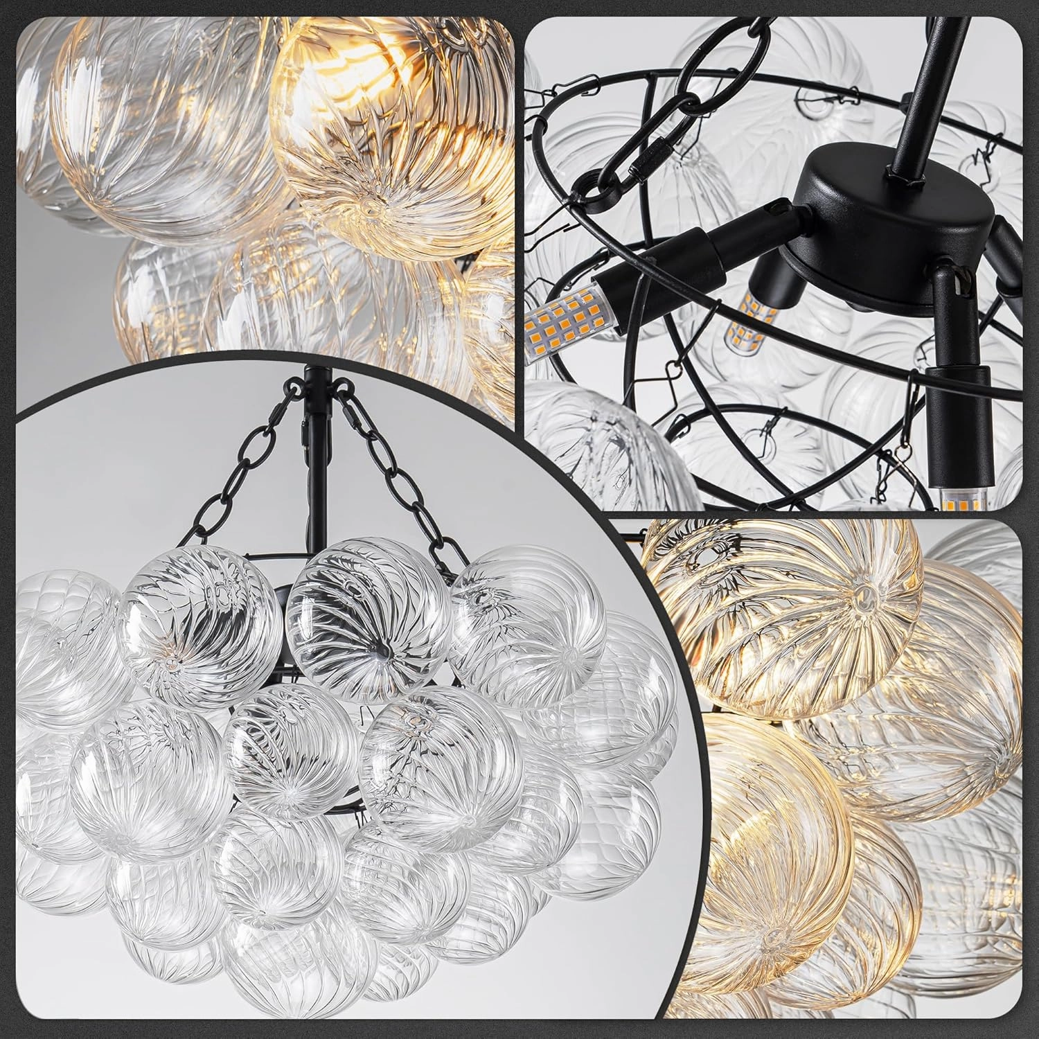 Bubble Glass Ball Chandelier Black Finish Light Fixtures 20" Dia Swirled Clear Globe Blown Glass Chandeliers Small Pendant Lights for Dining Room Kitchen Bathroom Entryway Bedroom