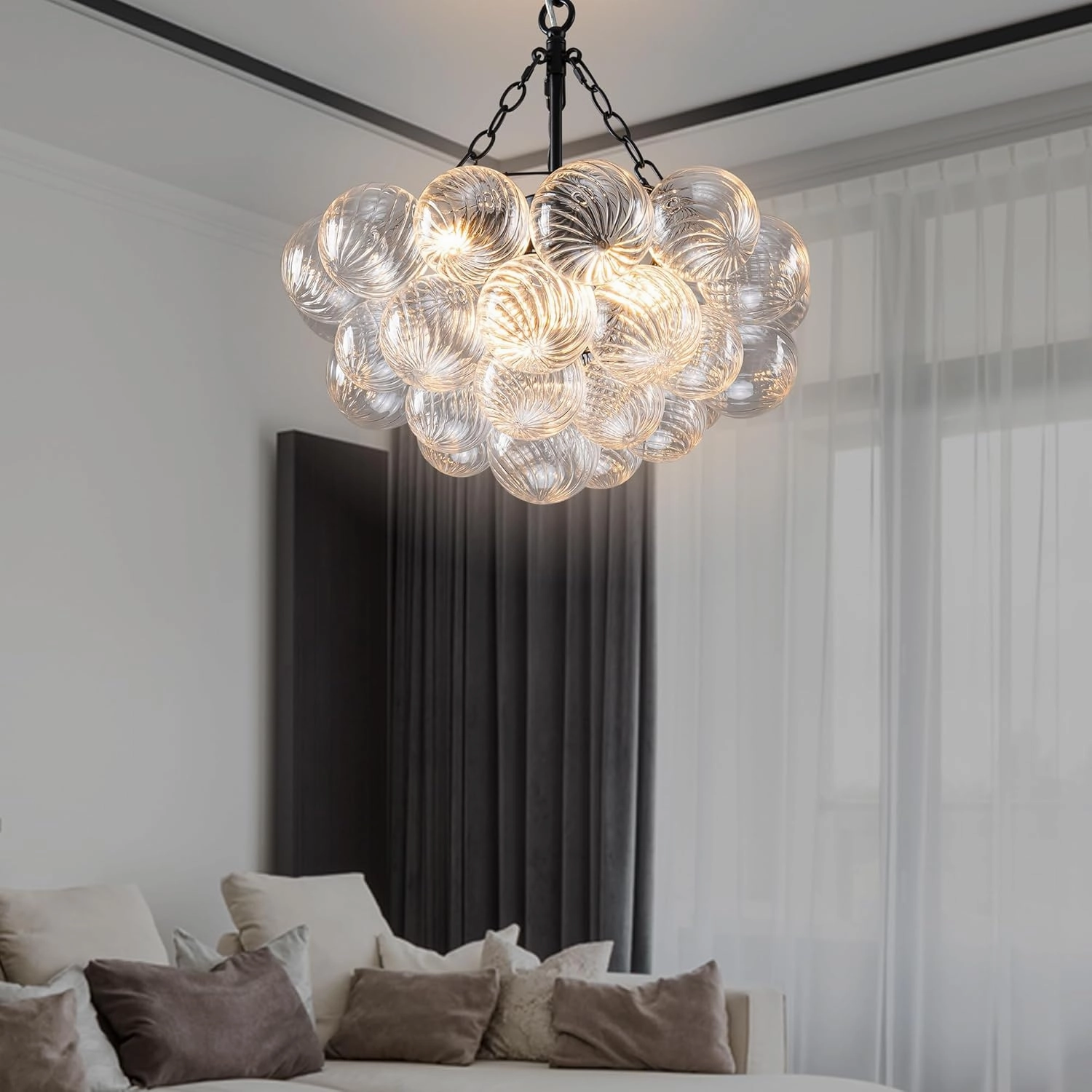 Bubble Glass Ball Chandelier Black Finish Light Fixtures 20" Dia Swirled Clear Globe Blown Glass Chandeliers Small Pendant Lights for Dining Room Kitchen Bathroom Entryway Bedroom