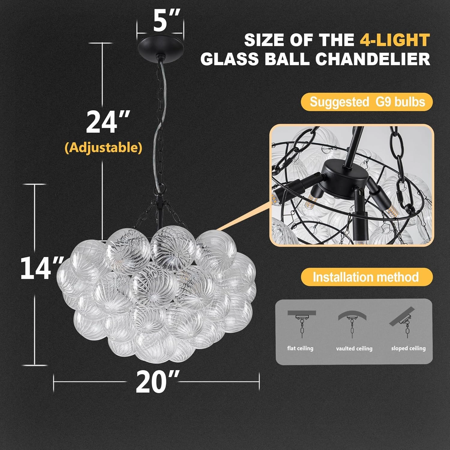 Bubble Glass Ball Chandelier Black Finish Light Fixtures 20" Dia Swirled Clear Globe Blown Glass Chandeliers Small Pendant Lights for Dining Room Kitchen Bathroom Entryway Bedroom