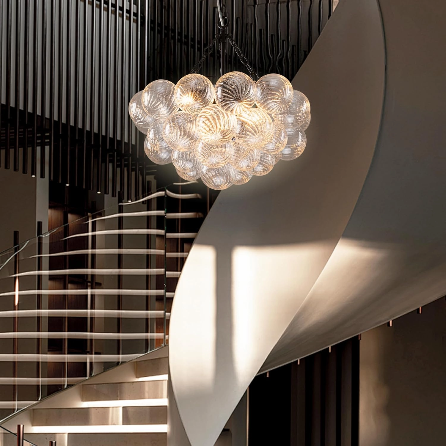 Bubble Glass Ball Chandelier Black Finish Light Fixtures 20" Dia Swirled Clear Globe Blown Glass Chandeliers Small Pendant Lights for Dining Room Kitchen Bathroom Entryway Bedroom