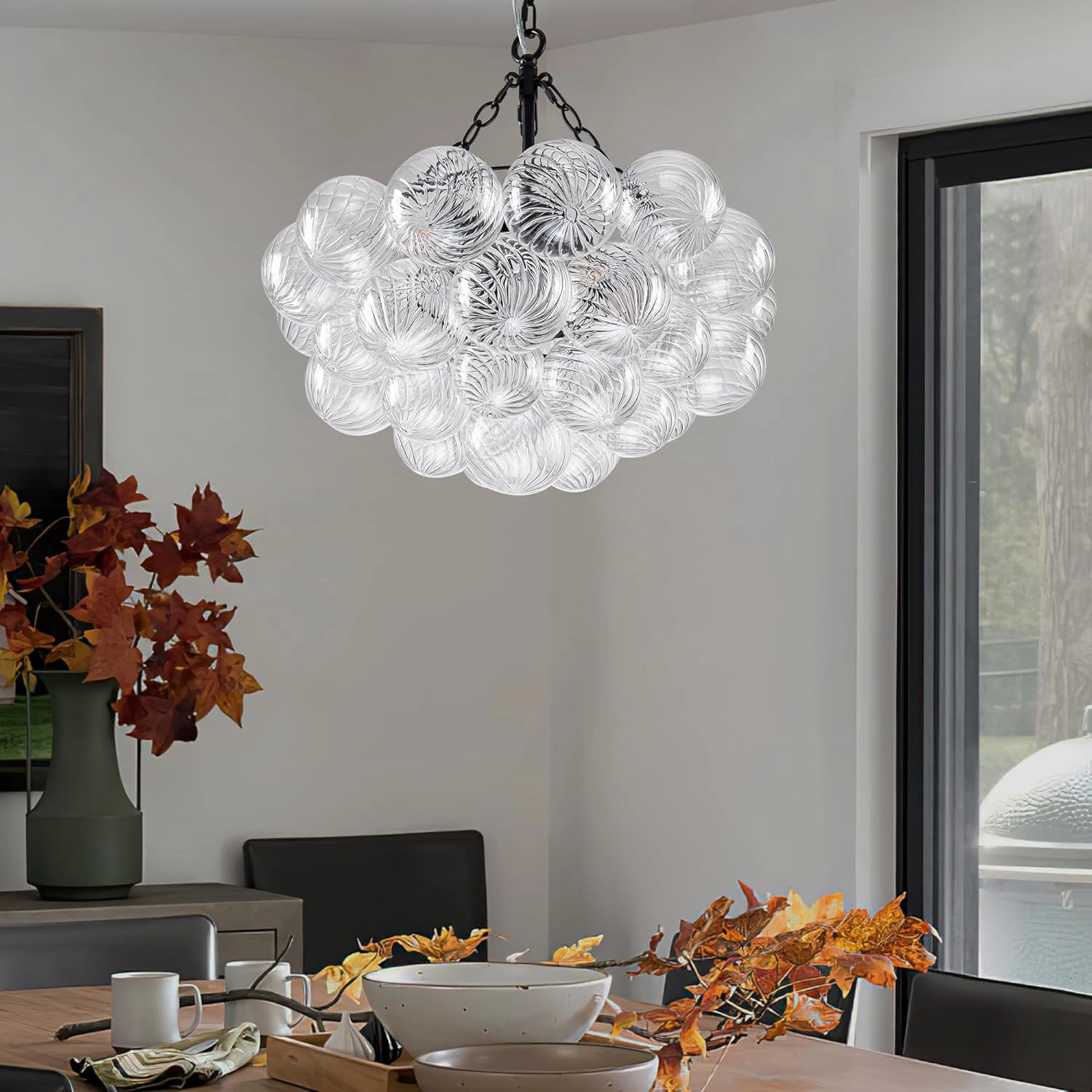 Bubble Glass Ball Chandelier Black Finish Light Fixtures 20" Dia Swirled Clear Globe Blown Glass Chandeliers Small Pendant Lights for Dining Room Kitchen Bathroom Entryway Bedroom