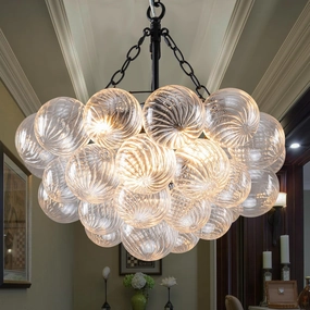 Bubble Glass Ball Chandelier Black Finish Light Fixtures 20" Dia Swirled Clear Globe Blown Glass Chandeliers Small Pendant Lights for Dining Room Kitchen Bathroom Entryway Bedroom