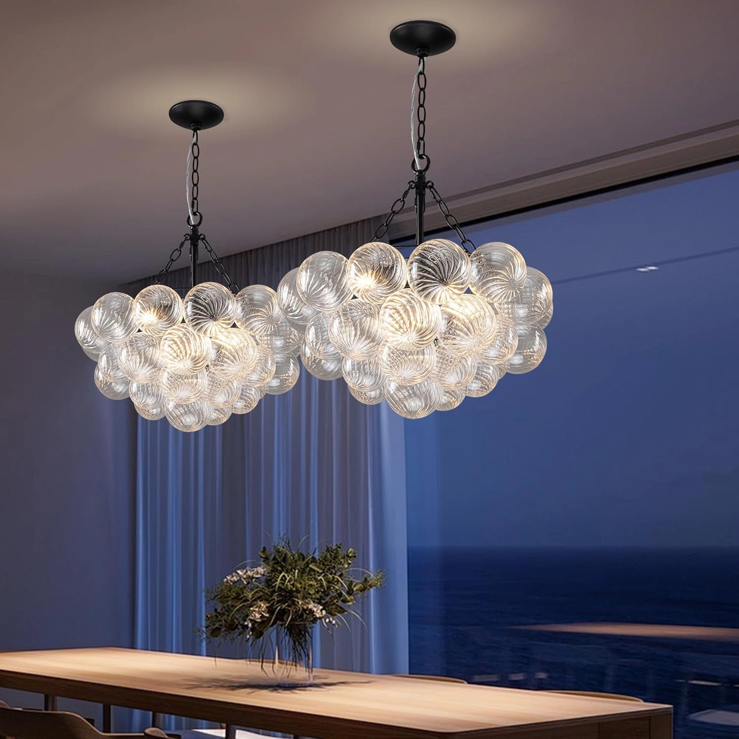 Bubble Glass Ball Chandelier Black Finish Light Fixtures 20" Dia Swirled Clear Globe Blown Glass Chandeliers Small Pendant Lights for Dining Room Kitchen Bathroom Entryway Bedroom