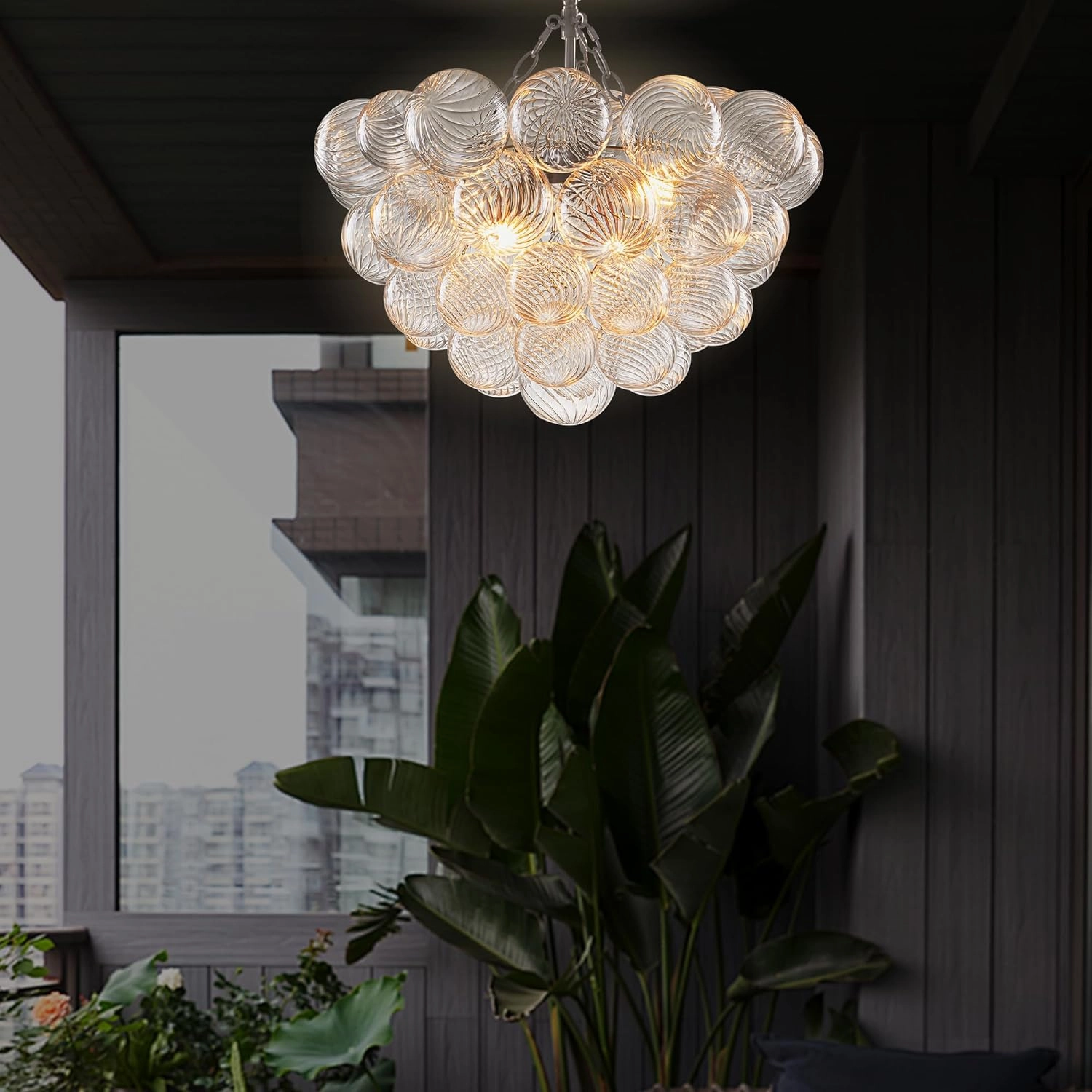 Bubble Glass Ball Chandelier Nickel-Plated Light Fixture Swirled Clear Globe Blown Glass Chandeliers 20" Dia Cluster Pendant Lights for Dining Room Kitchen Bathroom Entryway Bedroom