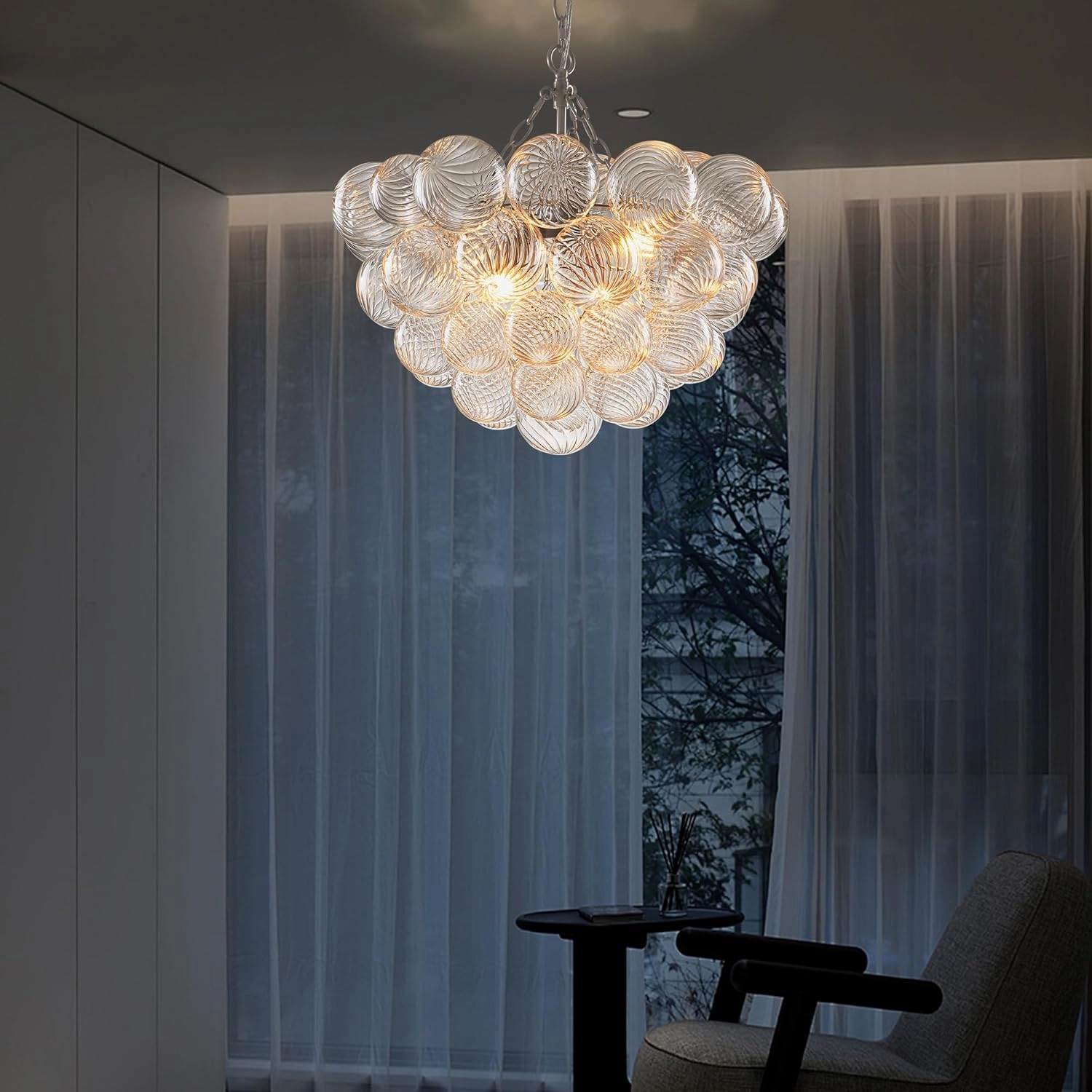 Bubble Glass Ball Chandelier Nickel-Plated Light Fixture Swirled Clear Globe Blown Glass Chandeliers 20" Dia Cluster Pendant Lights for Dining Room Kitchen Bathroom Entryway Bedroom