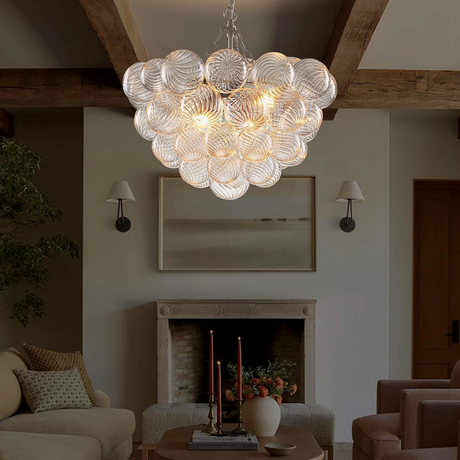 Bubble Glass Ball Chandelier Nickel-Plated Light Fixture Swirled Clear Globe Blown Glass Chandeliers 20" Dia Cluster Pendant Lights for Dining Room Kitchen Bathroom Entryway Bedroom