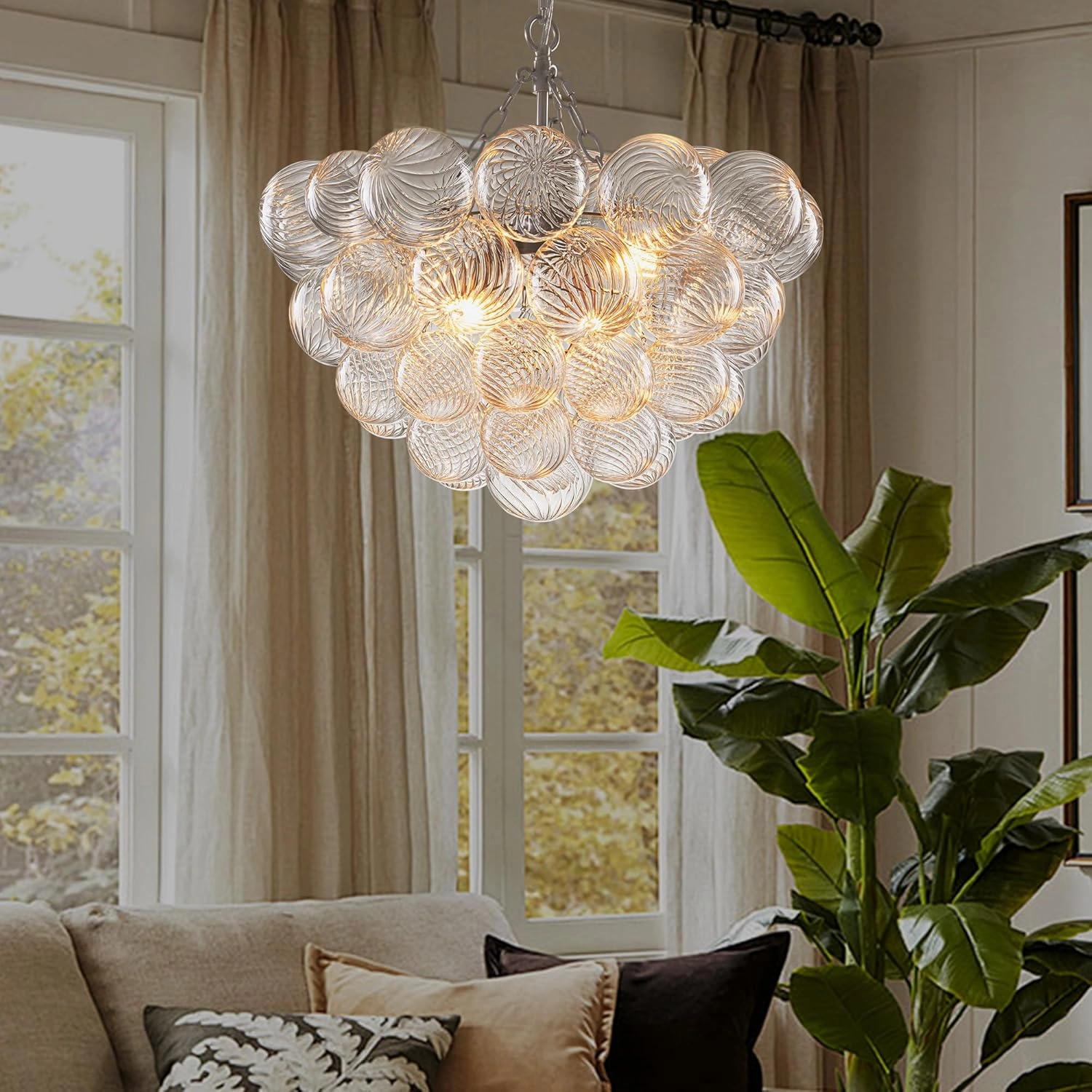 Bubble Glass Ball Chandelier Nickel-Plated Light Fixture Swirled Clear Globe Blown Glass Chandeliers 20" Dia Cluster Pendant Lights for Dining Room Kitchen Bathroom Entryway Bedroom
