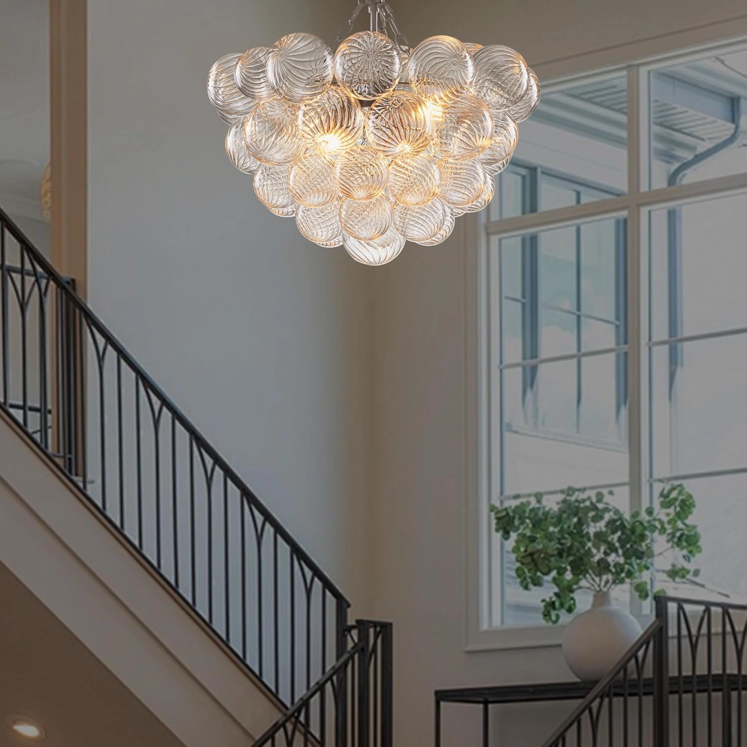 Bubble Glass Ball Chandelier Nickel-Plated Light Fixture Swirled Clear Globe Blown Glass Chandeliers 20" Dia Cluster Pendant Lights for Dining Room Kitchen Bathroom Entryway Bedroom