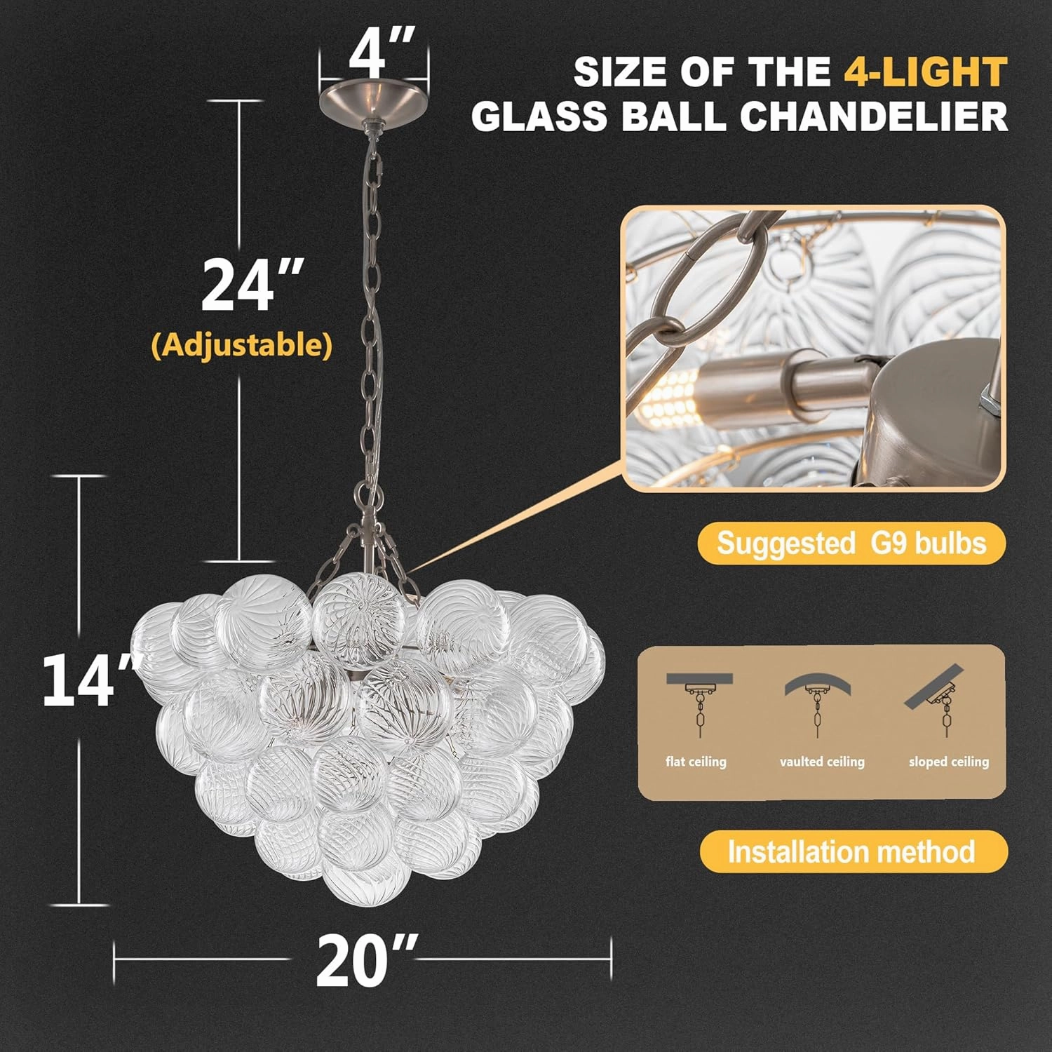 Bubble Glass Ball Chandelier Nickel-Plated Light Fixture Swirled Clear Globe Blown Glass Chandeliers 20" Dia Cluster Pendant Lights for Dining Room Kitchen Bathroom Entryway Bedroom