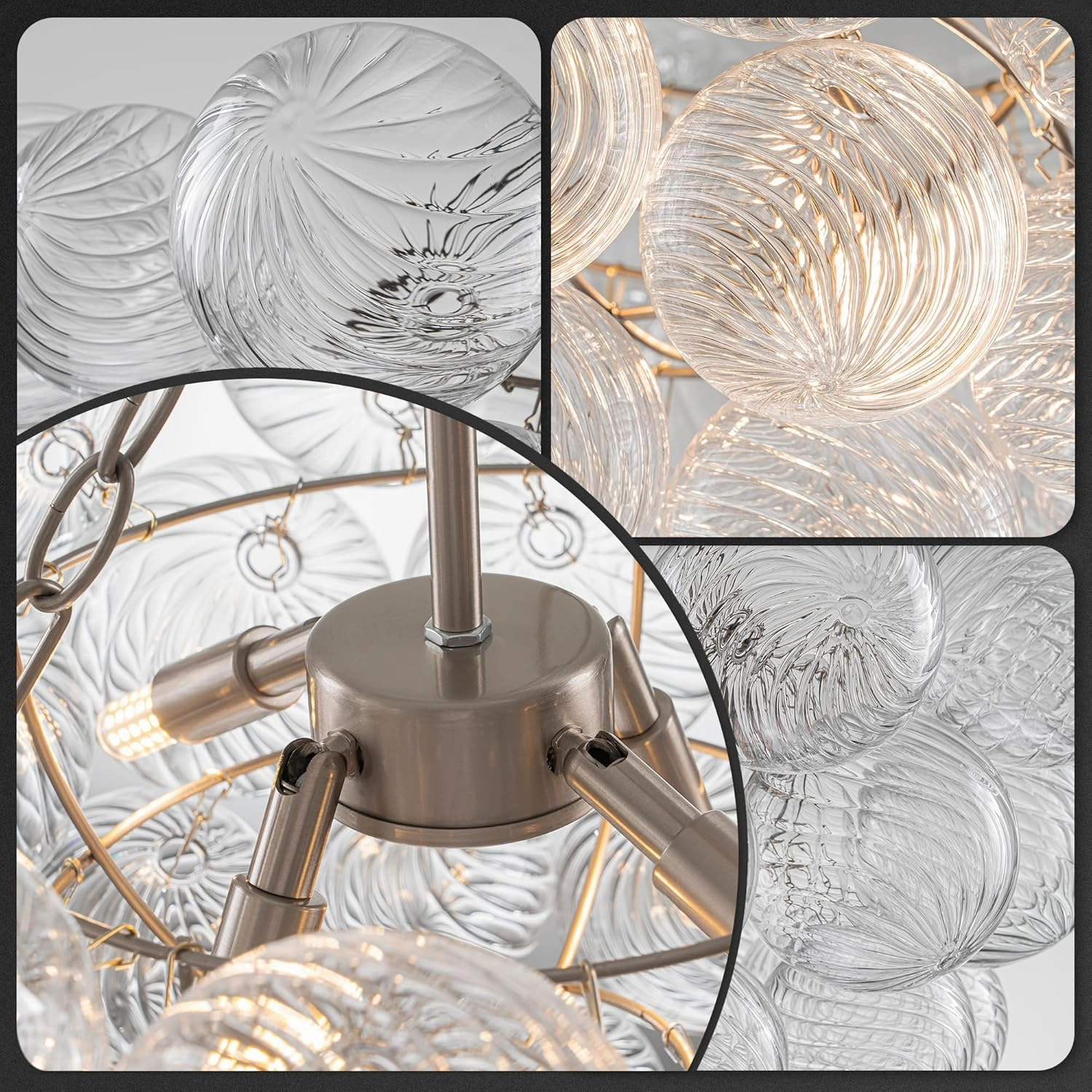 Bubble Glass Ball Chandelier Nickel-Plated Light Fixture Swirled Clear Globe Blown Glass Chandeliers 20" Dia Cluster Pendant Lights for Dining Room Kitchen Bathroom Entryway Bedroom