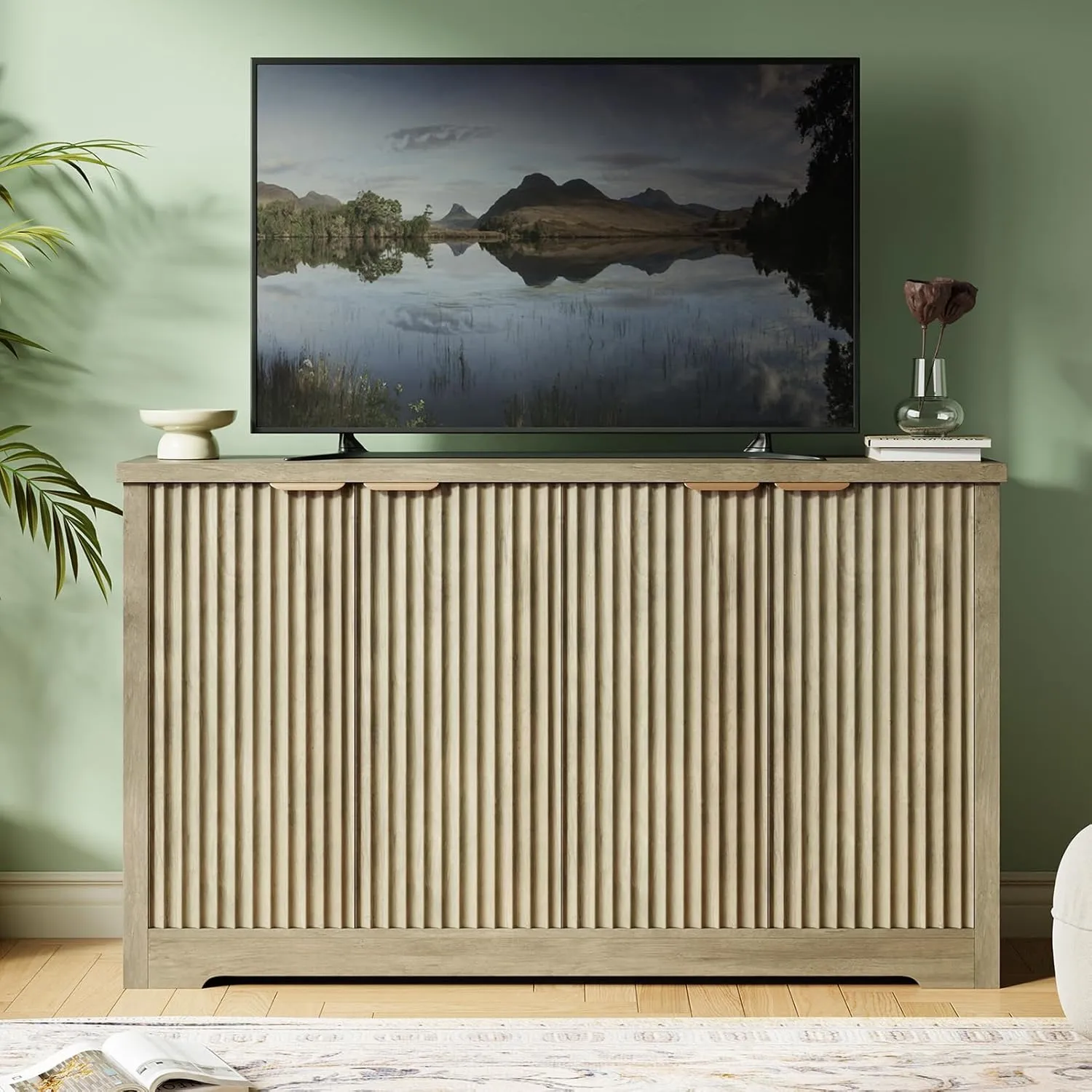 Buffet Sideboard Cabinet, Fluted Modern Credenza with Doors & Shelves, Wood Storage Console Coffee Bar Wine Bar Cabinet Table for Living Room, Entryway, Hallway