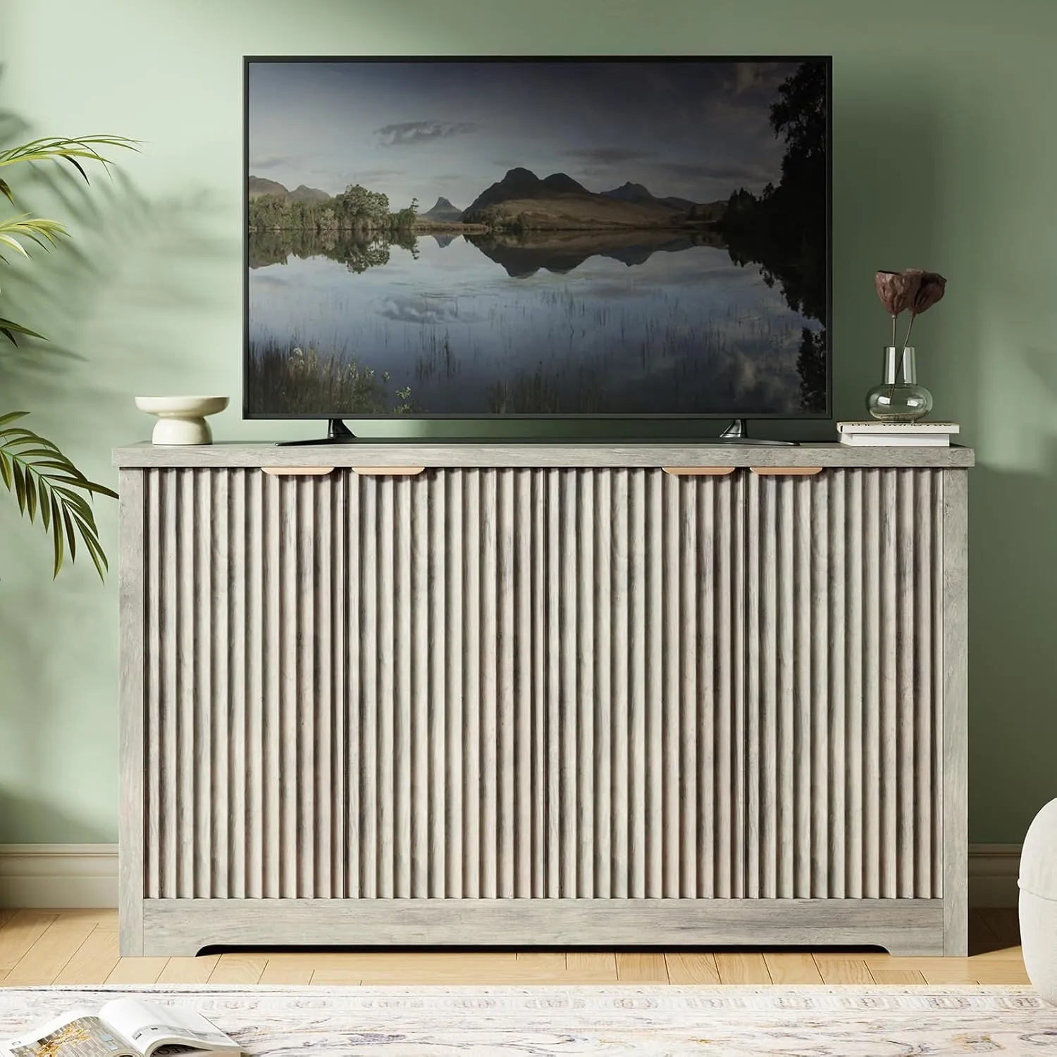 Buffet Sideboard Cabinet, Fluted Modern Credenza with Doors & Shelves, Wood Storage Console Coffee Bar Wine Bar Cabinet Table for Living Room, Entryway, Hallway