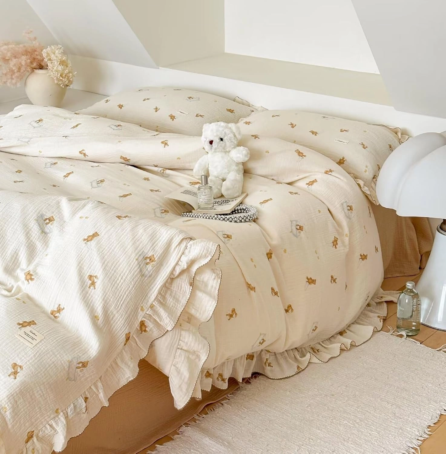 BuLuTu Cartoon Bear Muslin Baby Duvet Cover for Boys Girls Cute Animal Theme Duvet Covers Muslin Cotton Toddler Kids Duvet Cover Quilted Protector, 60"x78", No Pillowcases/Comforter