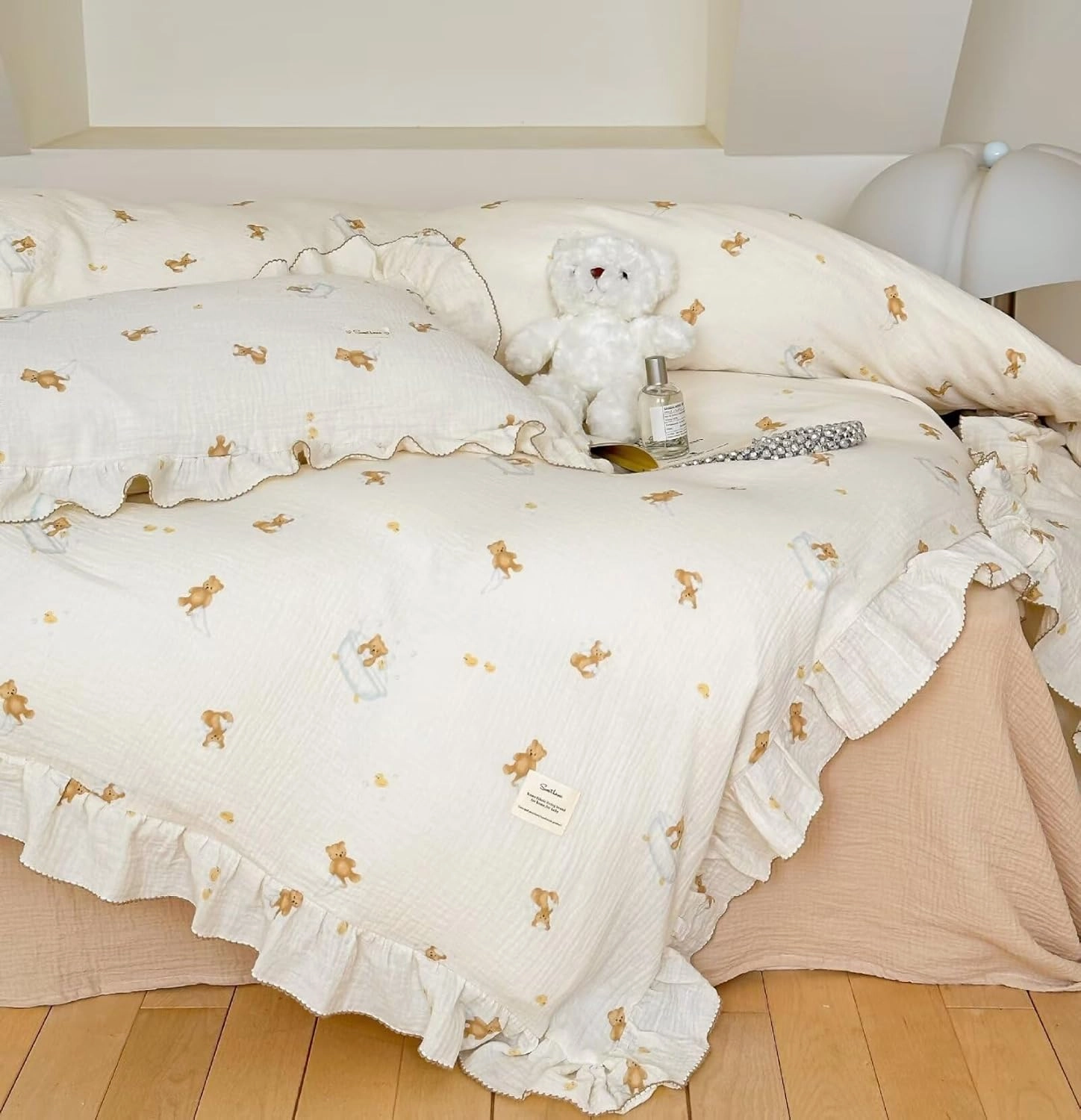BuLuTu Cartoon Bear Muslin Baby Duvet Cover for Boys Girls Cute Animal Theme Duvet Covers Muslin Cotton Toddler Kids Duvet Cover Quilted Protector, 60"x78", No Pillowcases/Comforter