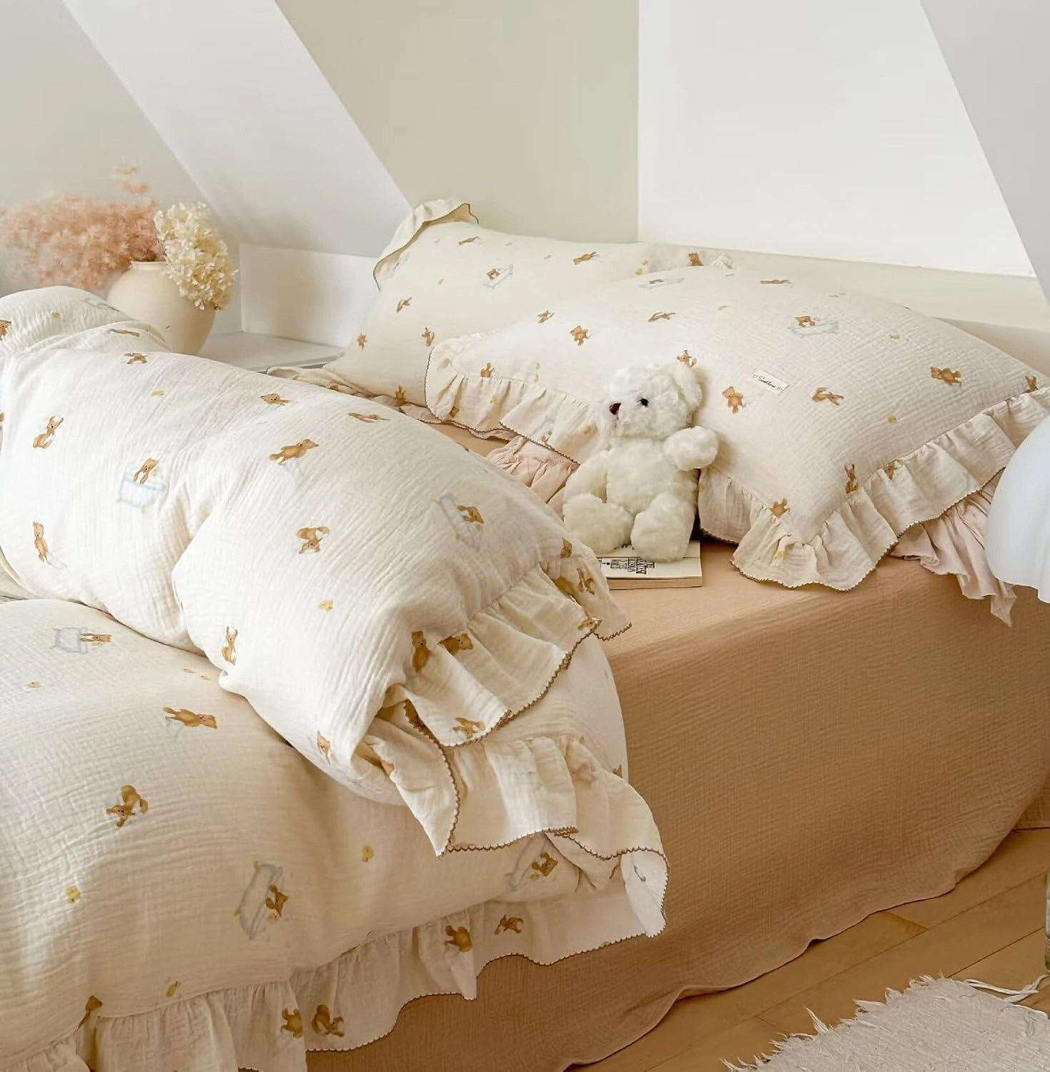 BuLuTu Cartoon Bear Muslin Baby Duvet Cover for Boys Girls Cute Animal Theme Duvet Covers Muslin Cotton Toddler Kids Duvet Cover Quilted Protector, 60"x78", No Pillowcases/Comforter