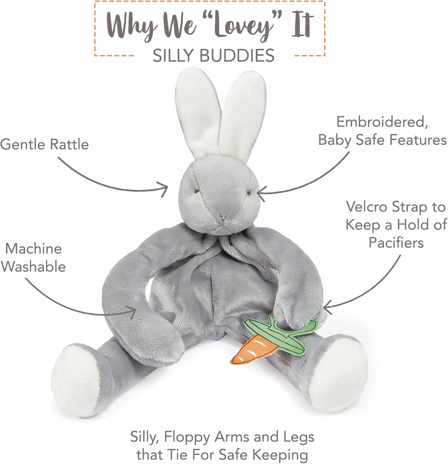 Bunnies By The Bay "Bloom" Bunny Silly Buddy - Animal Pacifier Holder Plush Toy with Velcro Loop Attachment - 10" (25cm) Size