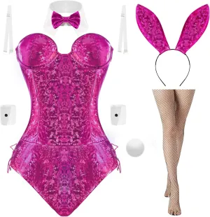 Bunny Costume Womens Girl Anime Suit One Piece Bodysuit Halloween Sexy Role Fancy Catsuit Headband Ear Stockings Set