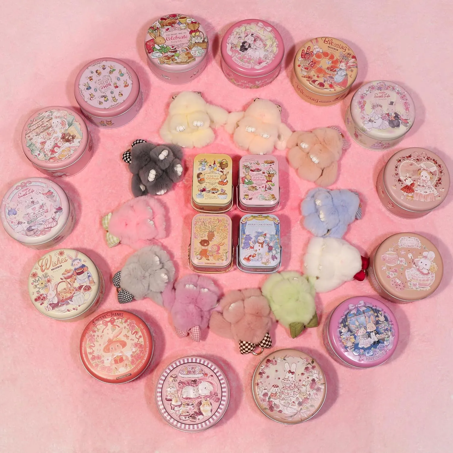 Bunny Lulu Keychain with Tin & Bag Rabbit Fur Bunny Lulu Keychain With Bow for Women Cute Soft Plush Accessory