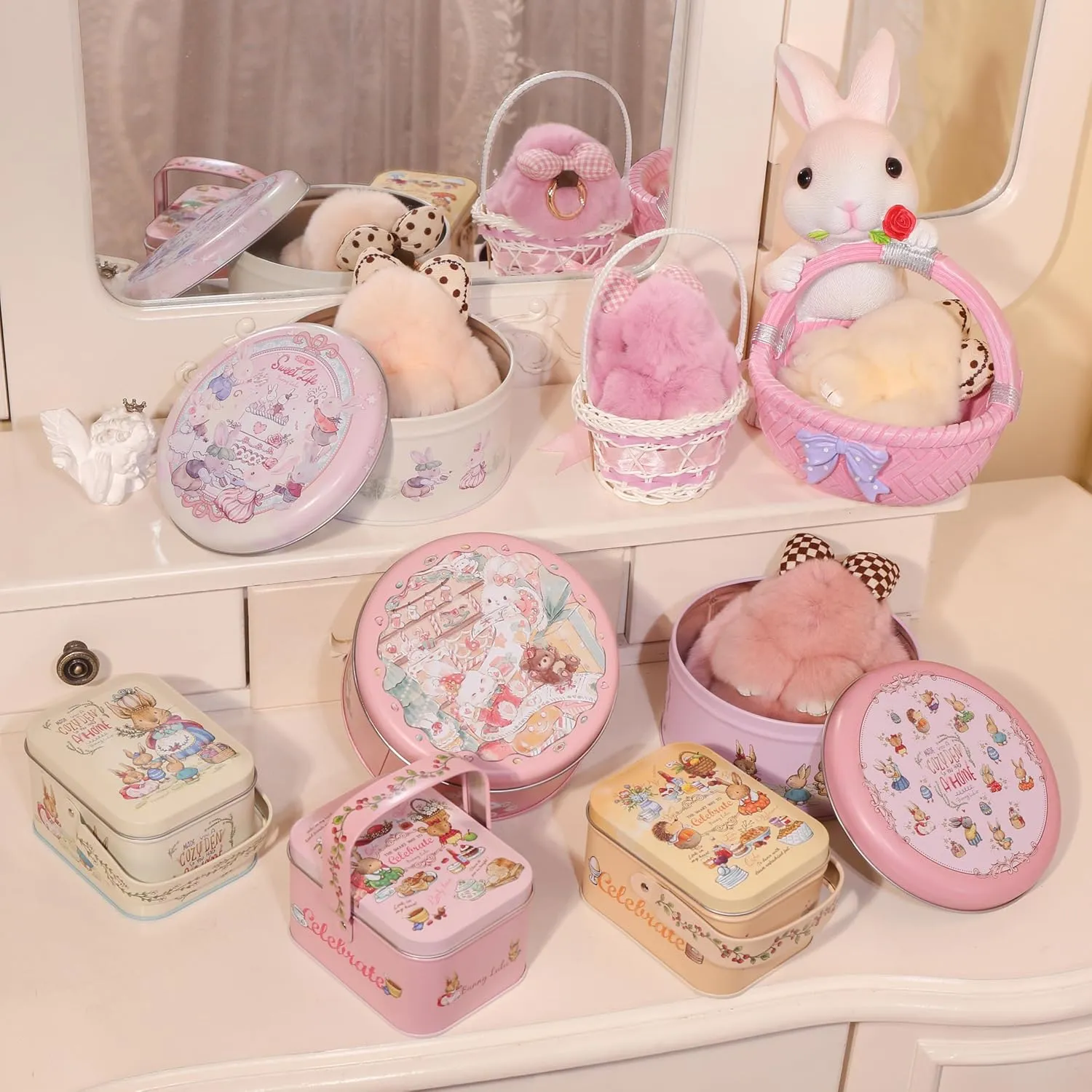Bunny Lulu Keychain with Tin & Bag Rabbit Fur Bunny Lulu Keychain With Bow for Women Cute Soft Plush Accessory