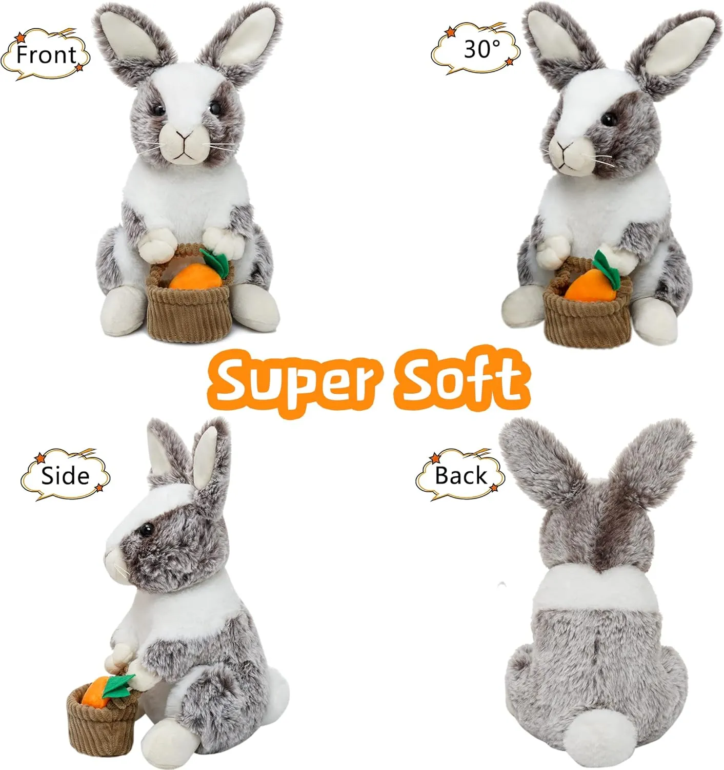 Bunny Stuffed Animal Holding Basket, 12" Stuffed Bunny Plush with Floppy Ears, Machine Washable& Softness, Easter Rabbit Toys for Girls Boys Kids Birthday Gifts Decorations, Brown