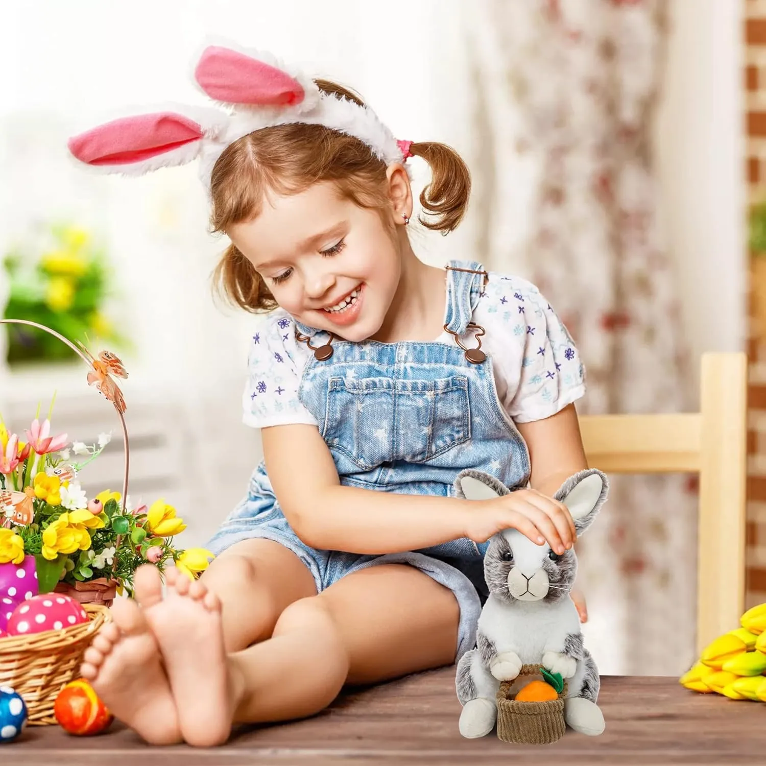 Bunny Stuffed Animal Holding Basket, 12" Stuffed Bunny Plush with Floppy Ears, Machine Washable& Softness, Easter Rabbit Toys for Girls Boys Kids Birthday Gifts Decorations, Brown