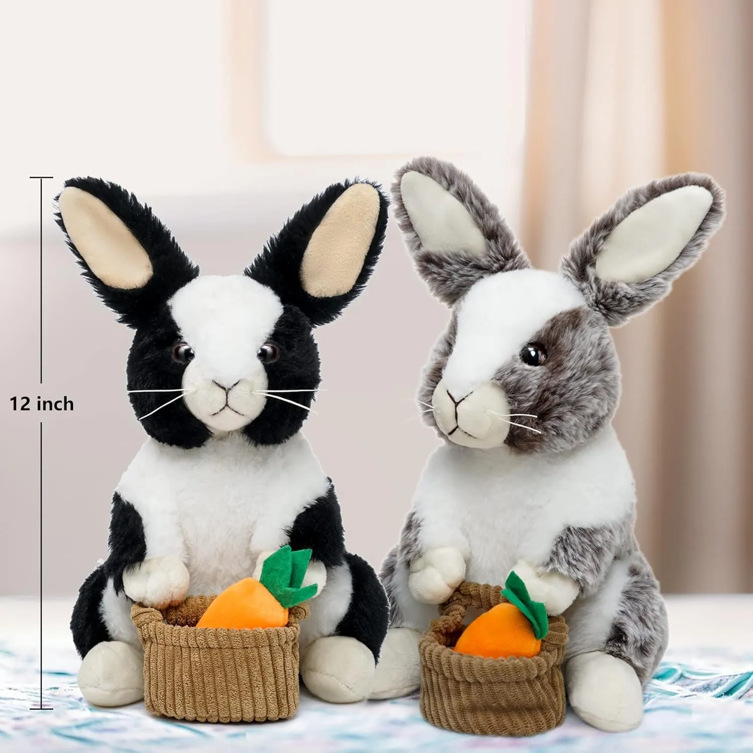 Bunny Stuffed Animal Holding Basket, 12" Stuffed Bunny Plush with Floppy Ears, Machine Washable& Softness, Easter Rabbit Toys for Girls Boys Kids Birthday Gifts Decorations, Brown