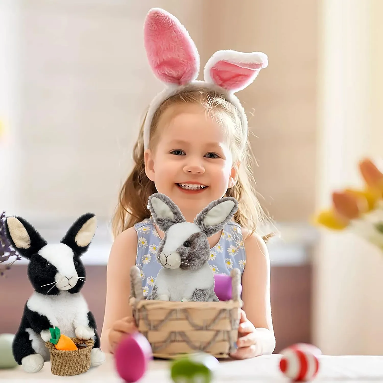 Bunny Stuffed Animal Holding Basket, 12" Stuffed Bunny Plush with Floppy Ears, Machine Washable& Softness, Easter Rabbit Toys for Girls Boys Kids Birthday Gifts Decorations, Brown