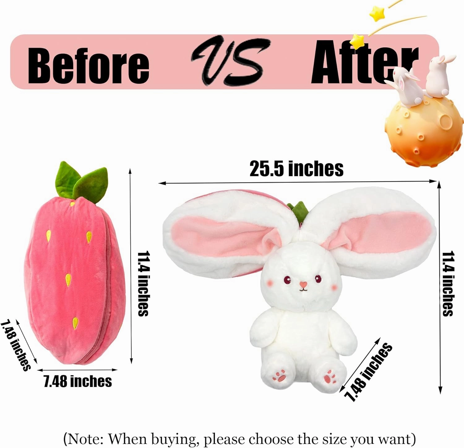 Bunny Stuffed Animal,Strawberry Reversible Cuddle Bunny Plush Doll with Zipper Cute Soft Rabbit Toys Pillow for Kids and Adults Easter Bunnies Plushies Gifts (Strawberry, 9.84 inches)