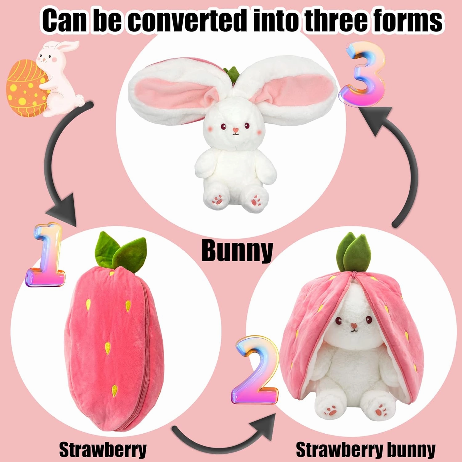 Bunny Stuffed Animal,Strawberry Reversible Cuddle Bunny Plush Doll with Zipper Cute Soft Rabbit Toys Pillow for Kids and Adults Easter Bunnies Plushies Gifts (Strawberry, 9.84 inches)