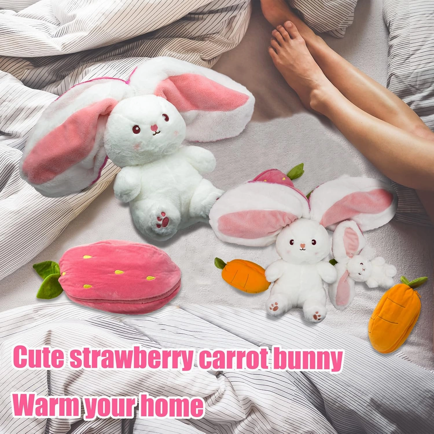 Bunny Stuffed Animal,Strawberry Reversible Cuddle Bunny Plush Doll with Zipper Cute Soft Rabbit Toys Pillow for Kids and Adults Easter Bunnies Plushies Gifts (Strawberry, 9.84 inches)
