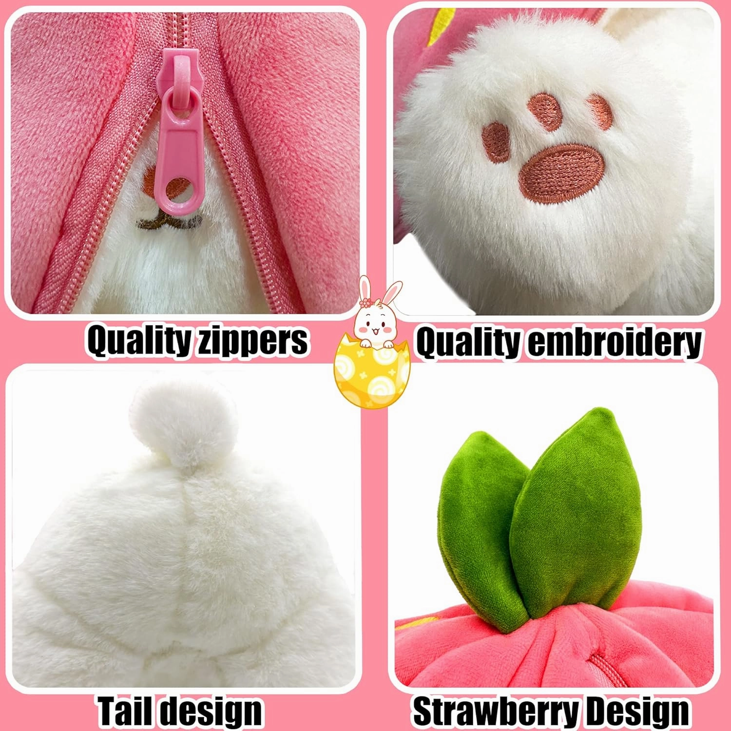 Bunny Stuffed Animal,Strawberry Reversible Cuddle Bunny Plush Doll with Zipper Cute Soft Rabbit Toys Pillow for Kids and Adults Easter Bunnies Plushies Gifts (Strawberry, 9.84 inches)