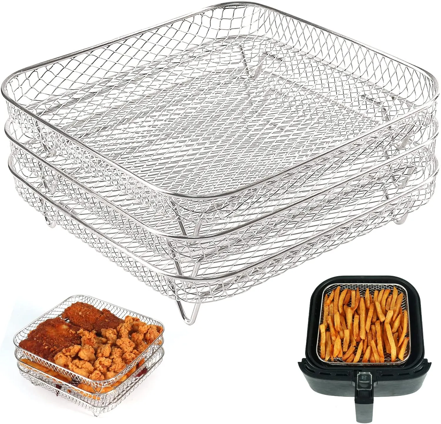BYKITCHEN 8 inch Square Air Fryer Rack, Set of 3, Stackable Multi-Layer Stainless Steel Dehydrator Rack, Square Air Fryer Accessories for Cosori, Instant Vortex, Nuwave Airfryer, Ninja Foodi Grill