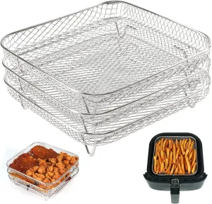 BYKITCHEN 8 inch Square Air Fryer Rack, Set of 3, Stackable Multi-Layer Stainless Steel Dehydrator Rack, Square Air Fryer Accessories for Cosori, Instant Vortex, Nuwave Airfryer, Ninja Foodi Grill