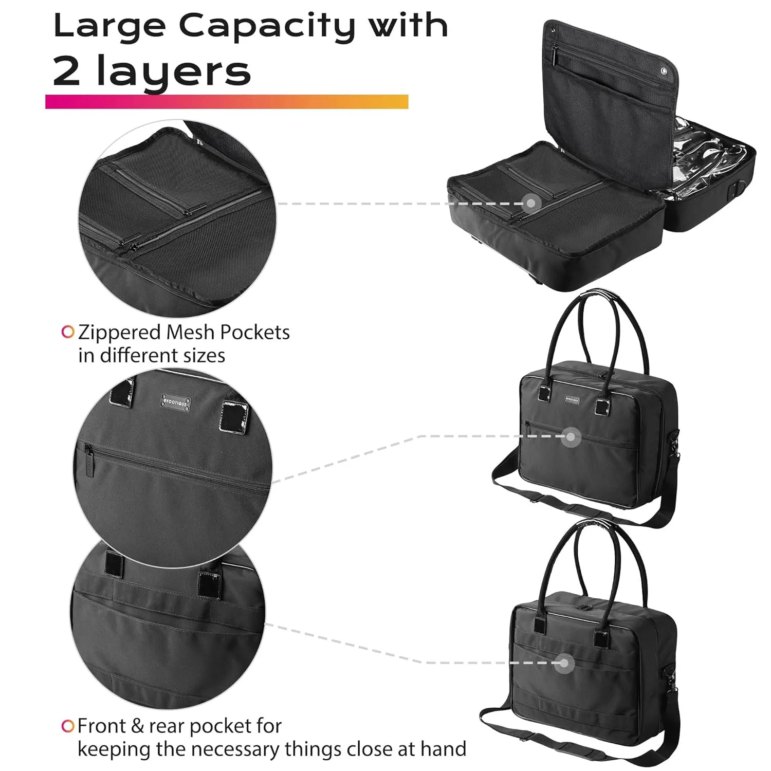 BYOOTIQUE Makeup Bag Soft Sided Makeup Train Case Hangbag 2 Layer Cosmetic Tote with 4 Inner Removable Pouches Artist Multifunctional Toiletry Organizer Storage Carry on Travel Bag with Strap