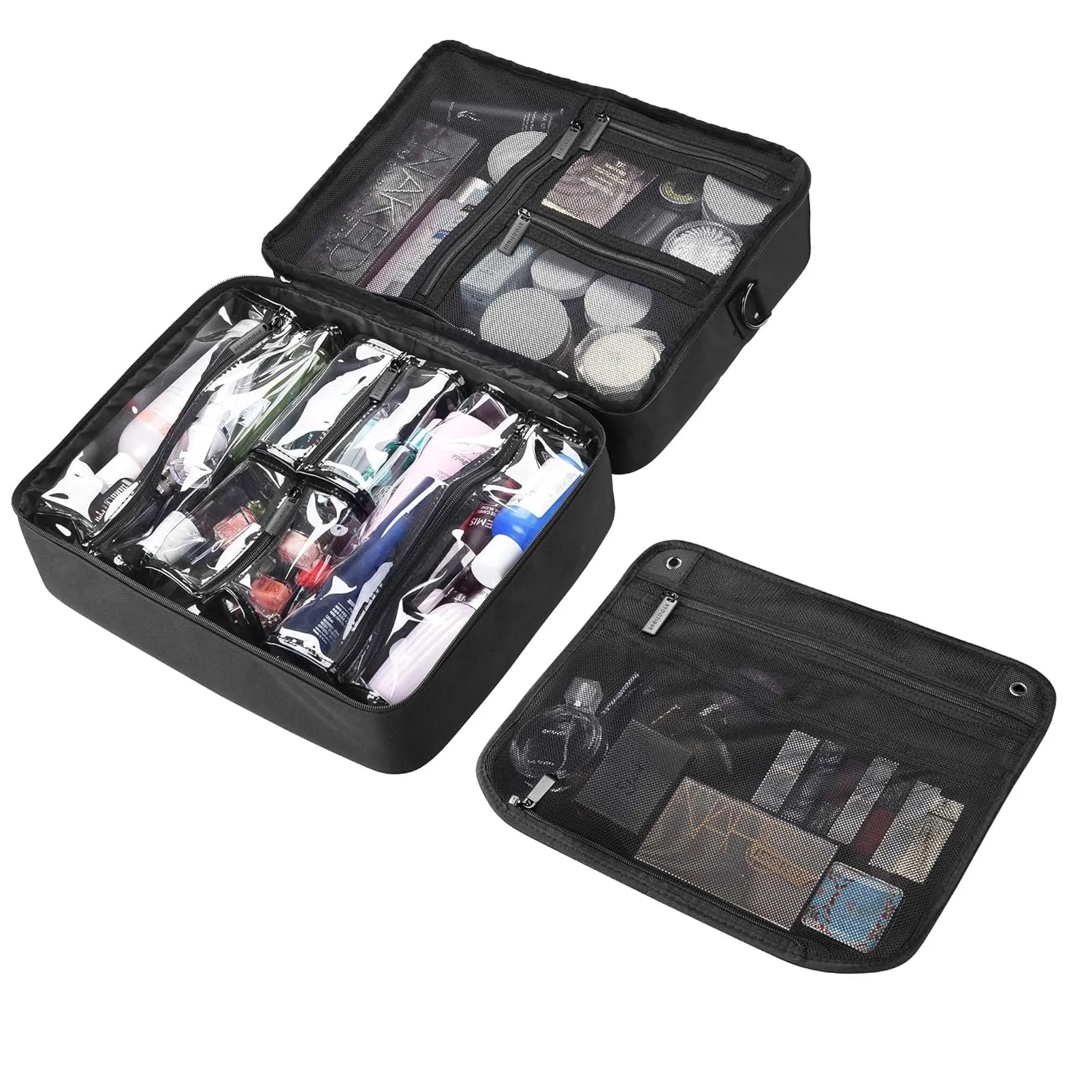BYOOTIQUE Makeup Bag Soft Sided Makeup Train Case Hangbag 2 Layer Cosmetic Tote with 4 Inner Removable Pouches Artist Multifunctional Toiletry Organizer Storage Carry on Travel Bag with Strap