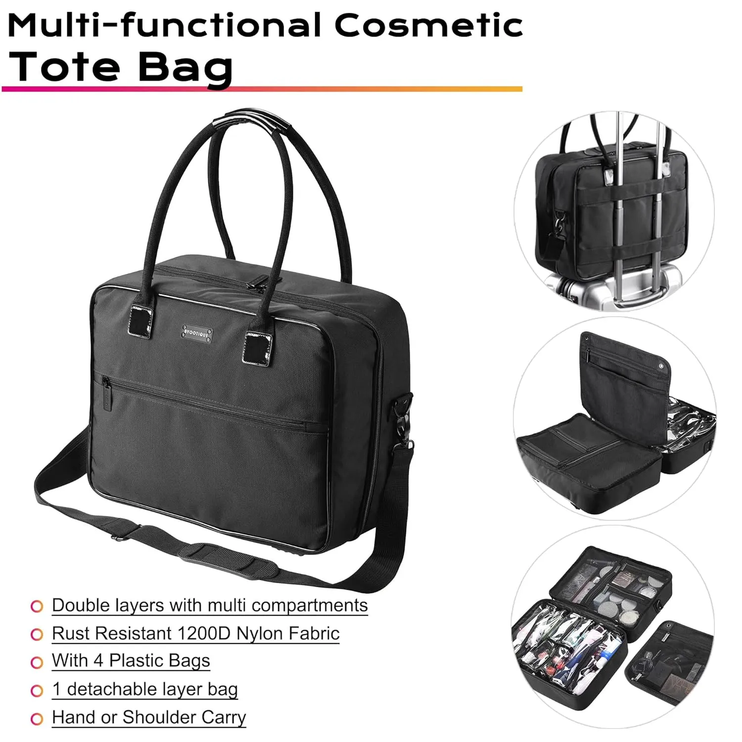 BYOOTIQUE Makeup Bag Soft Sided Makeup Train Case Hangbag 2 Layer Cosmetic Tote with 4 Inner Removable Pouches Artist Multifunctional Toiletry Organizer Storage Carry on Travel Bag with Strap