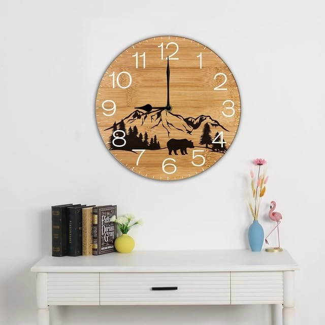 Cabin Bear Wall Clock, Wooden Forest Wildlife Mountain Lodge Wall Clock, Silent Non Ticking Clock Rustic Wall Clock Battery Operated Rustic Farmhouse Wall Clock 10"x10"