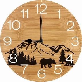 Cabin Bear Wall Clock, Wooden Forest Wildlife Mountain Lodge Wall Clock, Silent Non Ticking Clock Rustic Wall Clock Battery Operated Rustic Farmhouse Wall Clock 10"x10"