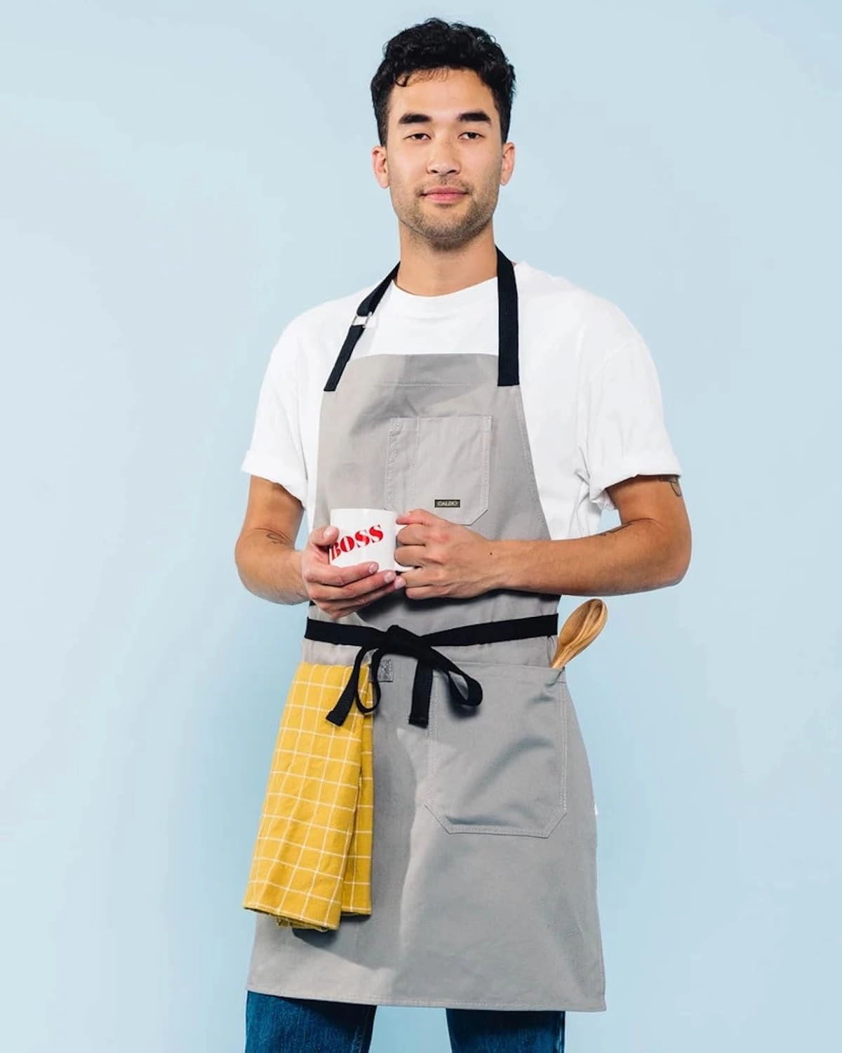 Caldo Daily Cotton Kitchen Apron for Cooking- Mens and Womens Professional Chef or Server Bib Apron - Adjustable Straps with Pockets and Towel Loop (Grey)