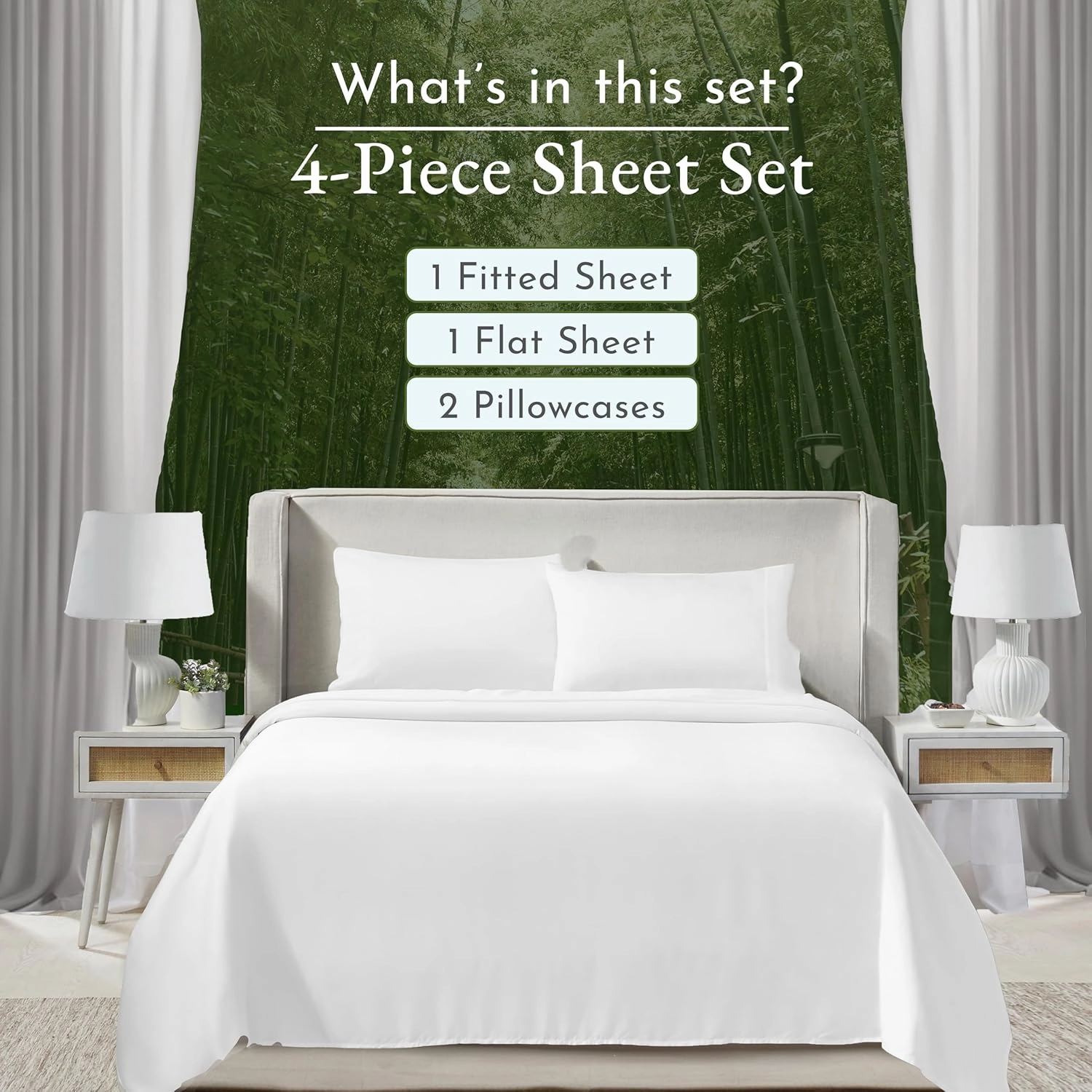 California Design Den Rayon from Bamboo Sheets Queen Size Bed Set - Luxury Cooling Sheets with Deep Pockets for a Snug Fit, Durable Silk-Like Bedding Set - White